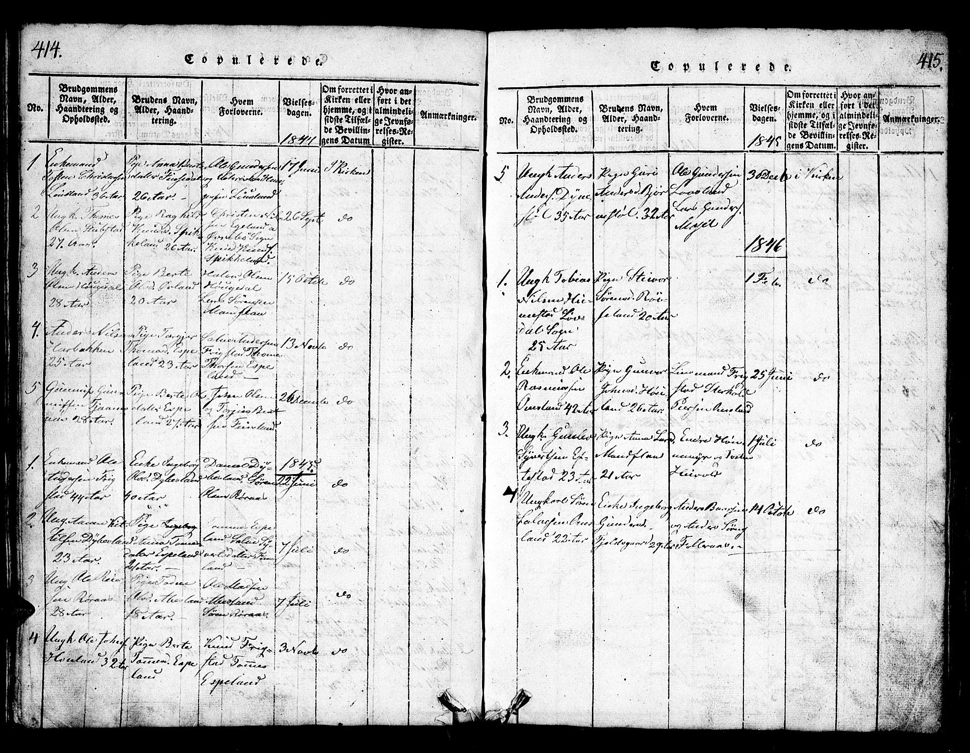 Bjelland sokneprestkontor, SAK/1111-0005/F/Fb/Fbb/L0003: Parish register (copy) no. B 3, 1816-1868, p. 414-415