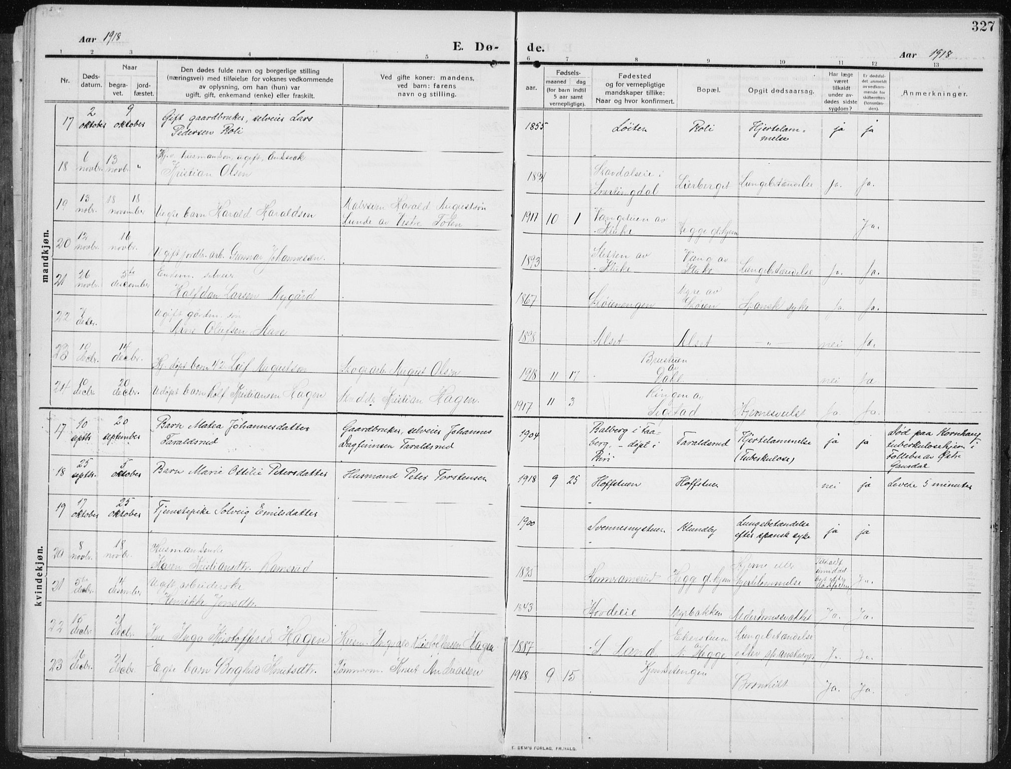 Biri prestekontor, AV/SAH-PREST-096/H/Ha/Hab/L0006: Parish register (copy) no. 6, 1909-1938, p. 327