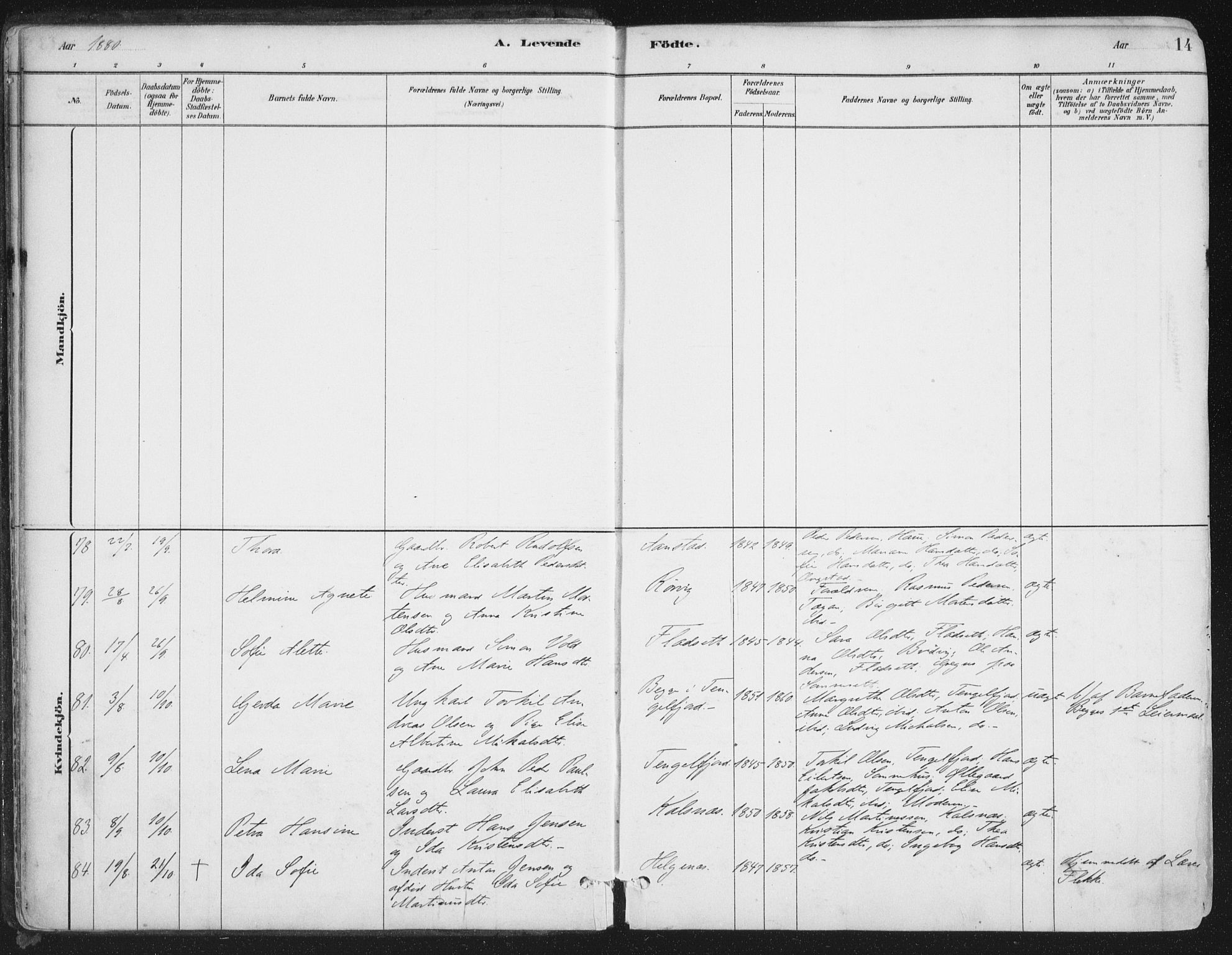 Ministerialprotokoller, klokkerbøker og fødselsregistre - Nordland, AV/SAT-A-1459/888/L1244: Parish register (official) no. 888A10, 1880-1890, p. 14