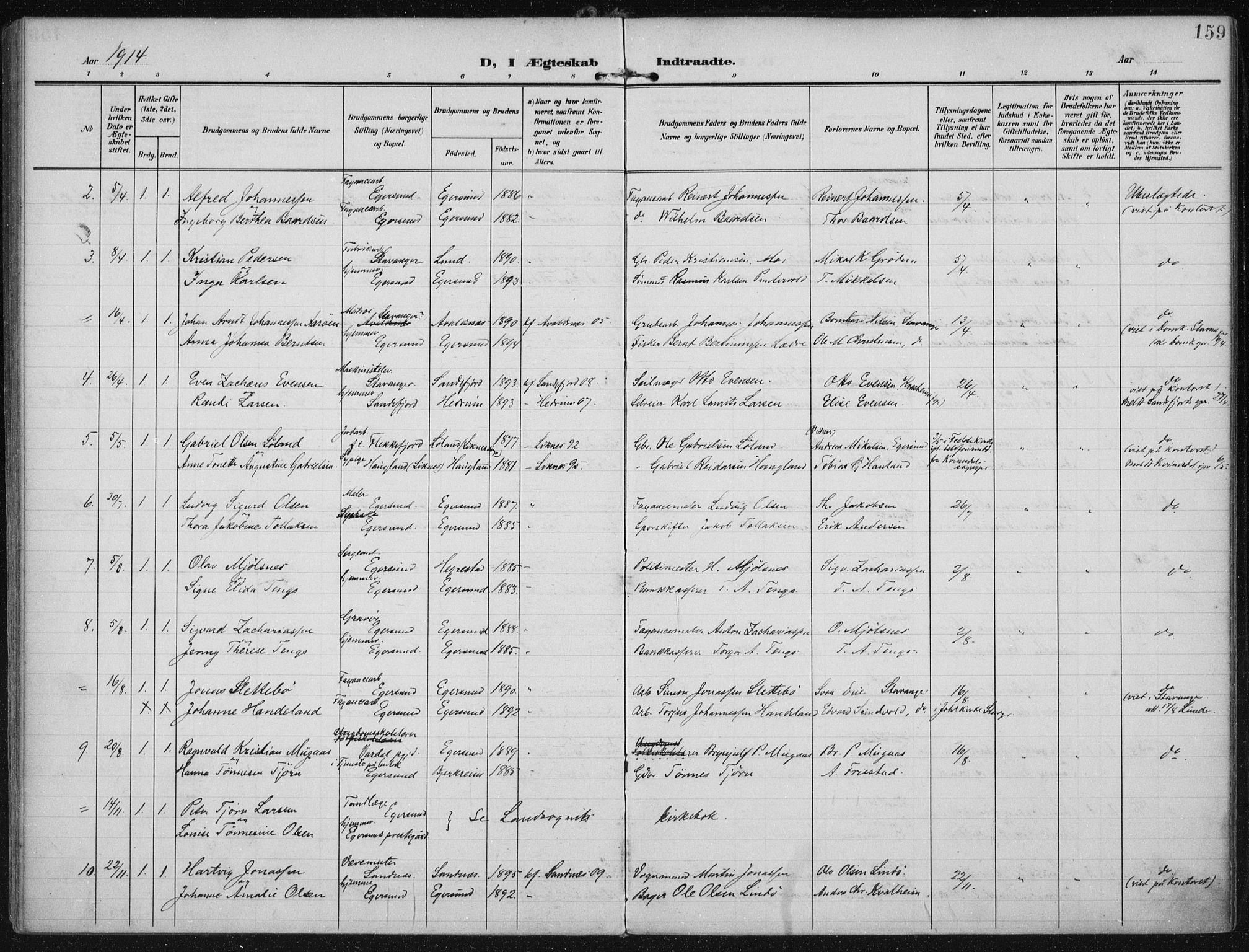 Eigersund sokneprestkontor, AV/SAST-A-101807/S08/L0022: Parish register (official) no. A 21, 1905-1928, p. 159