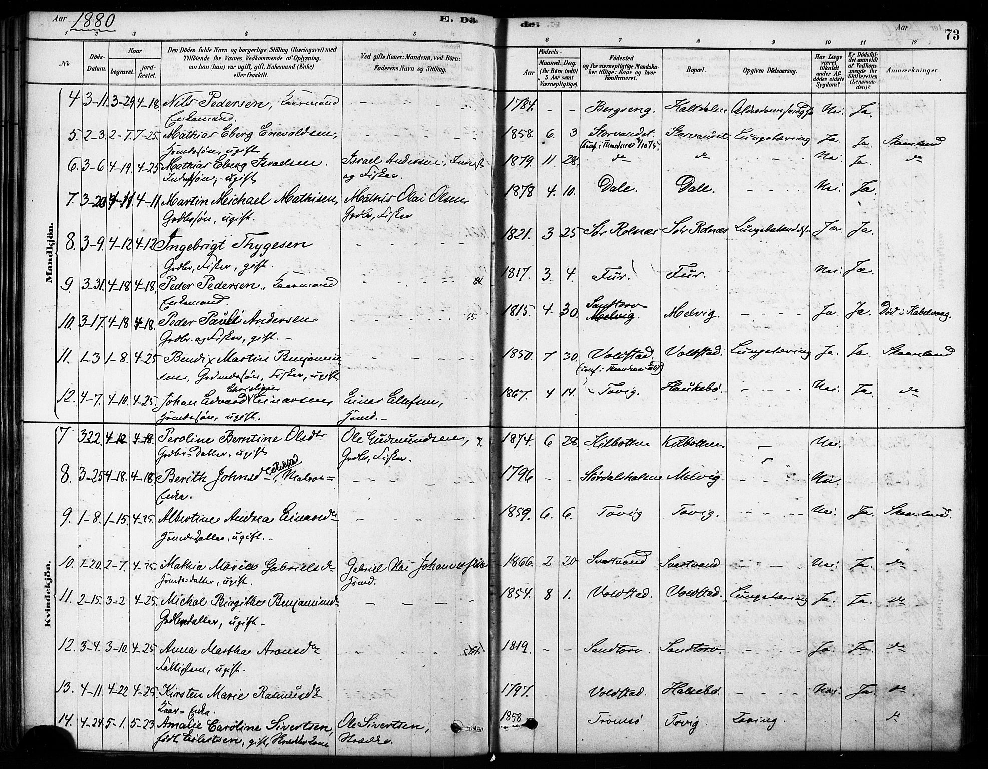 Trondenes sokneprestkontor, AV/SATØ-S-1319/H/Ha/L0015kirke: Parish register (official) no. 15, 1878-1889, p. 73