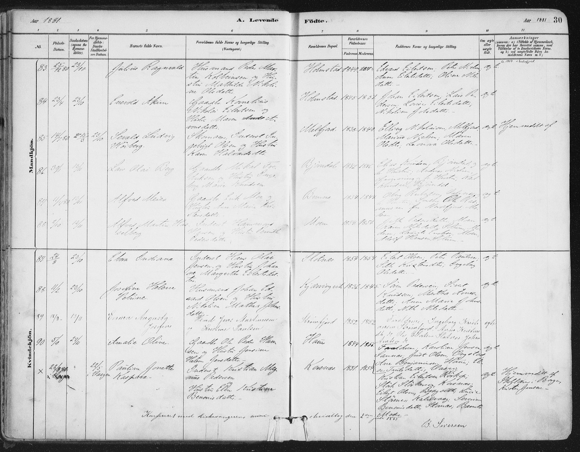 Ministerialprotokoller, klokkerbøker og fødselsregistre - Nordland, SAT/A-1459/888/L1244: Parish register (official) no. 888A10, 1880-1890, p. 30