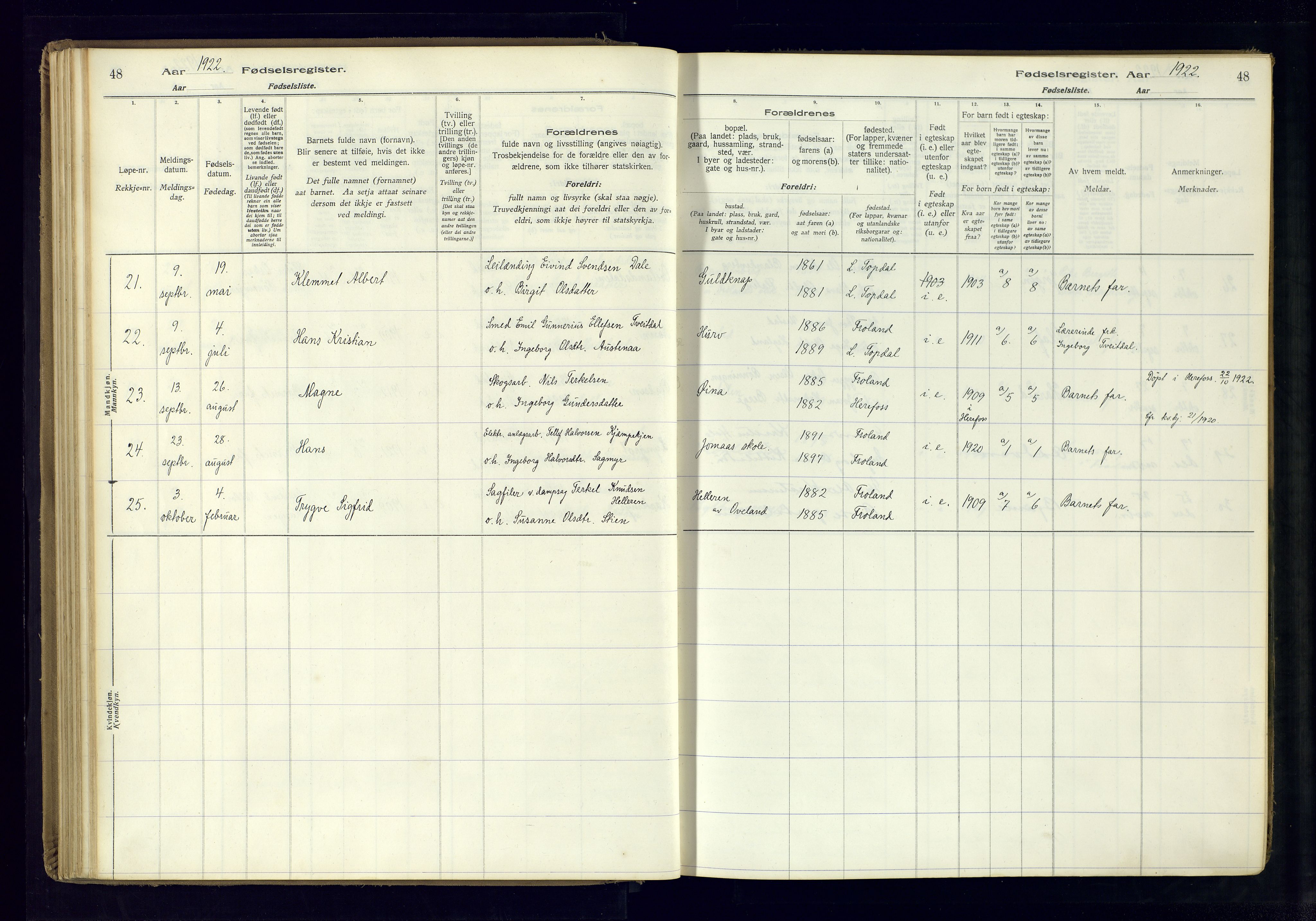 Froland sokneprestkontor, SAK/1111-0013/J/Ja/L0001: Birth register no. 1, 1916-1950, p. 48