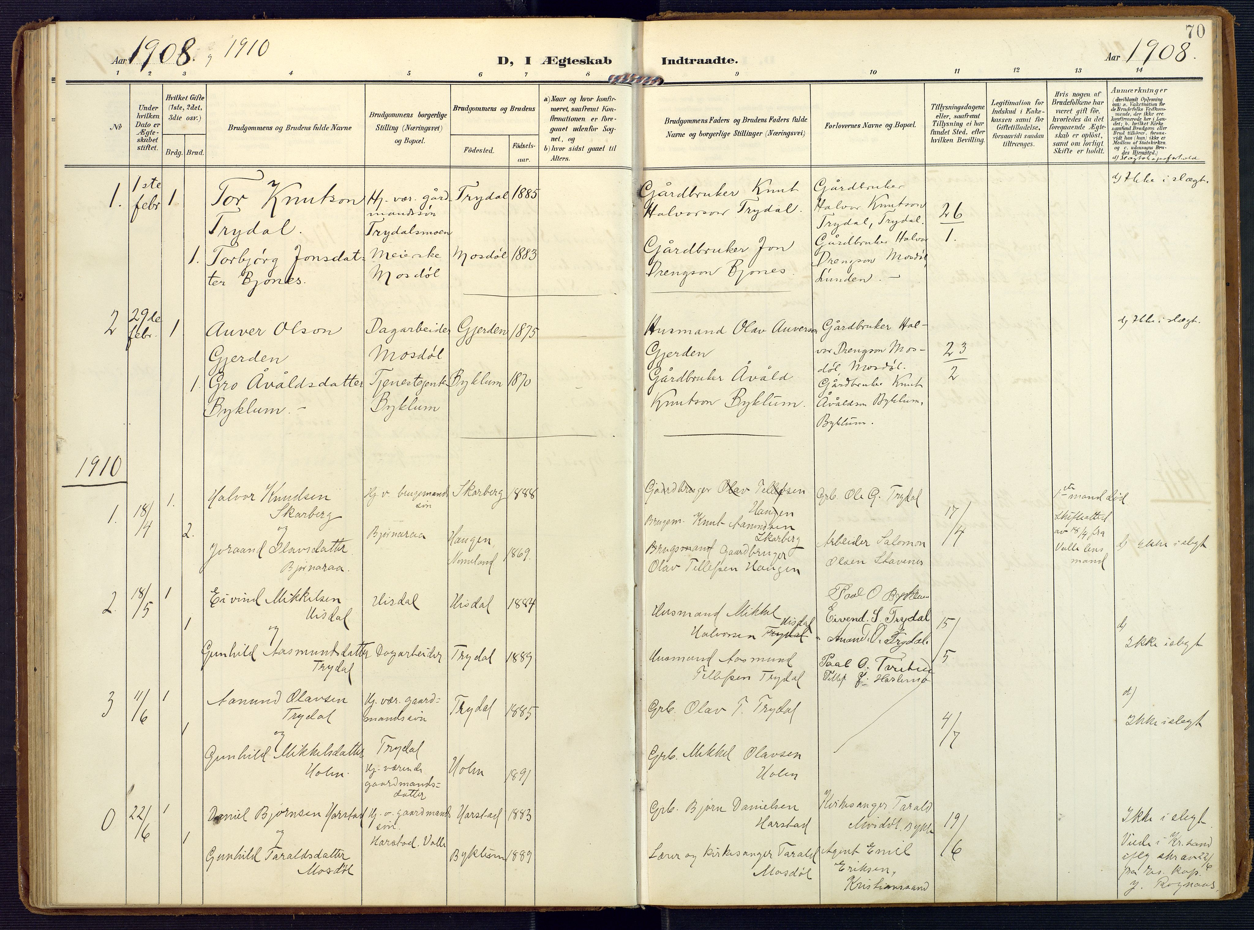 Valle sokneprestkontor, SAK/1111-0044/F/Fa/Faa/L0002: Parish register (official) no. A 2, 1907-1919, p. 70