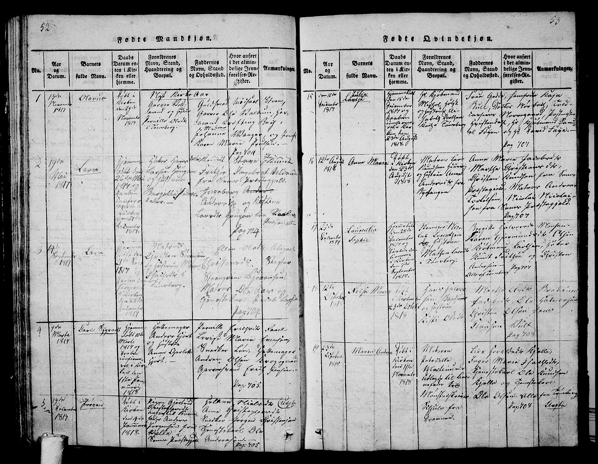 Tønsberg kirkebøker, AV/SAKO-A-330/G/Ga/L0001: Parish register (copy) no. 1, 1813-1826, p. 52-53