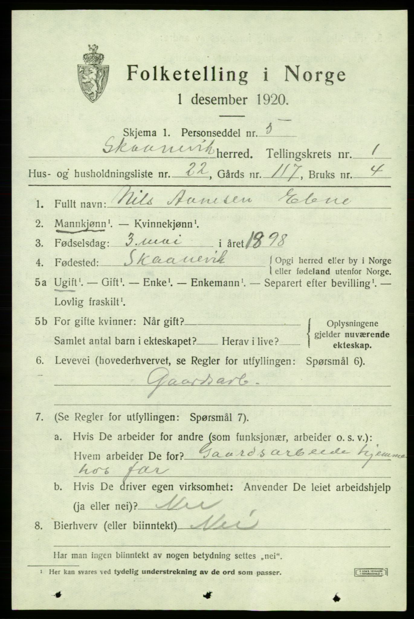 SAB, 1920 census for Skånevik, 1920, p. 2461