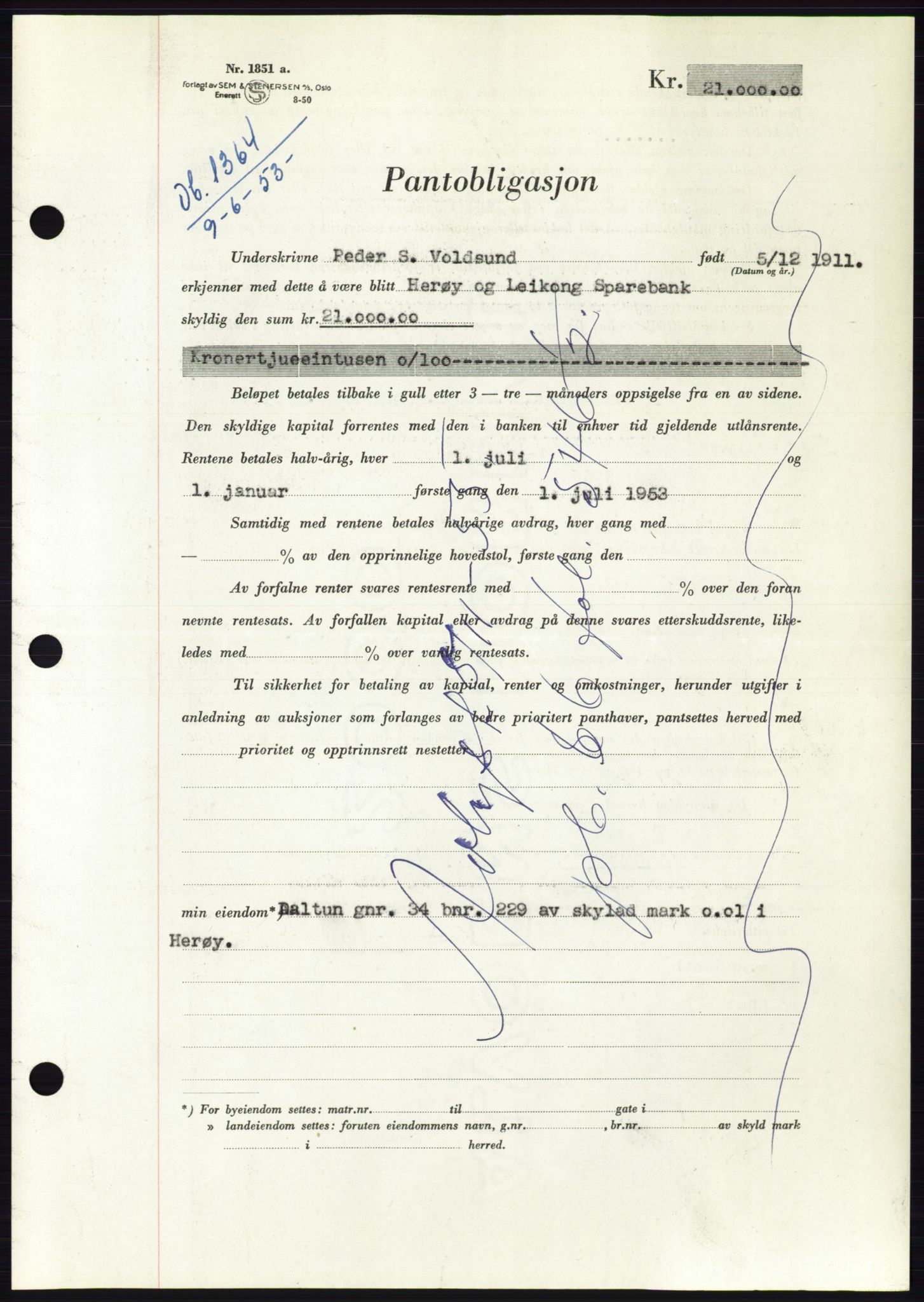 Søre Sunnmøre sorenskriveri, SAT/A-4122/1/2/2C/L0123: Mortgage book no. 11B, 1953-1953, Diary no: : 1364/1953