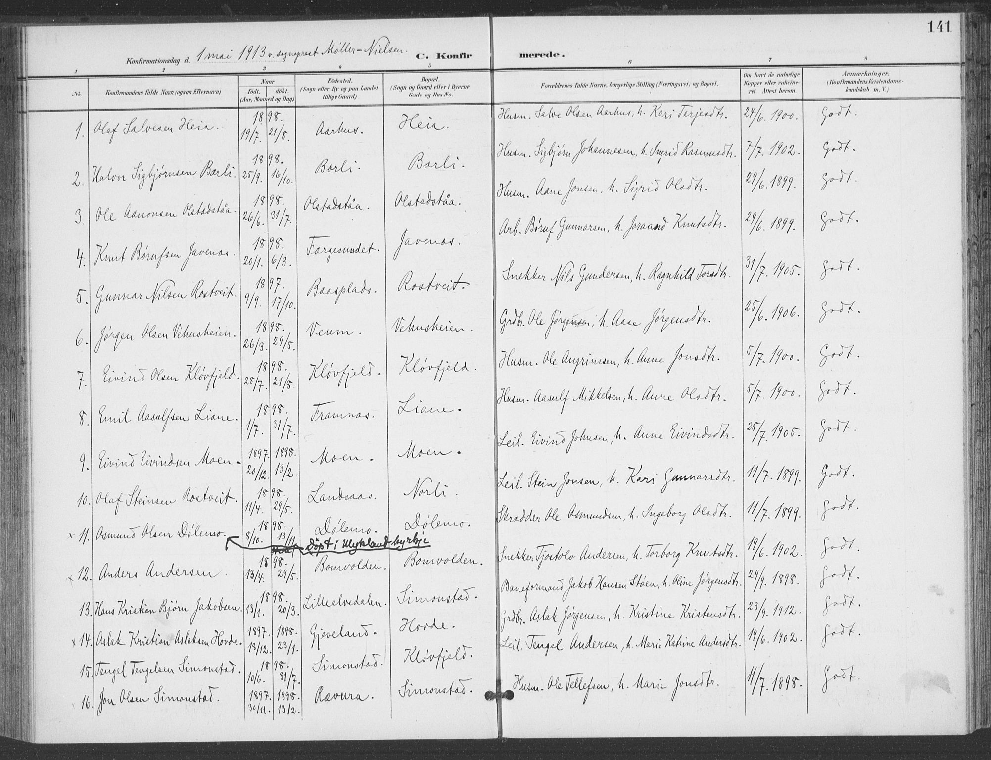 Åmli sokneprestkontor, AV/SAK-1111-0050/F/Fa/Fac/L0012: Parish register (official) no. A 12, 1900-1914, p. 141