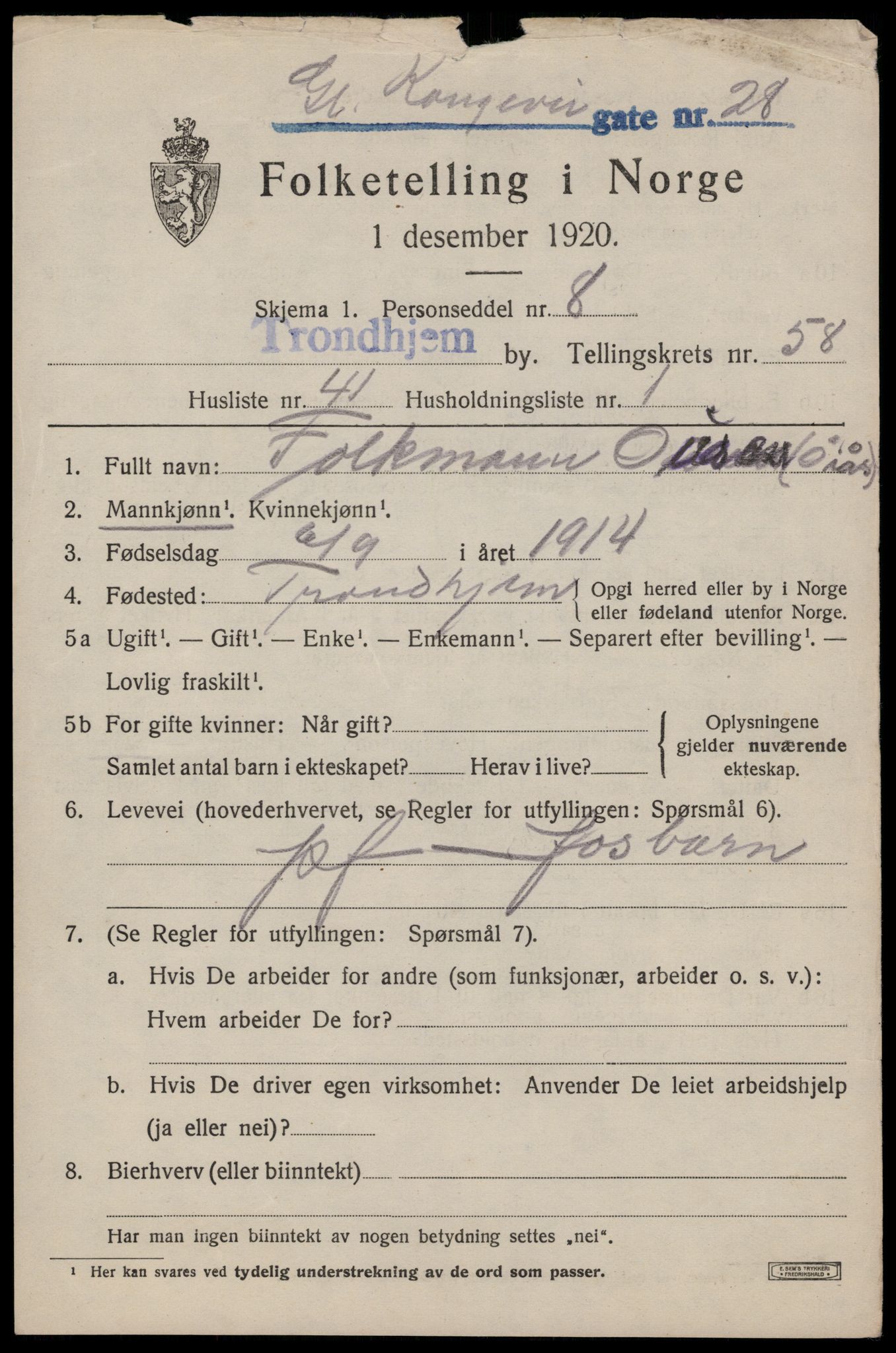 SAT, 1920 census for Trondheim, 1920, p. 119092