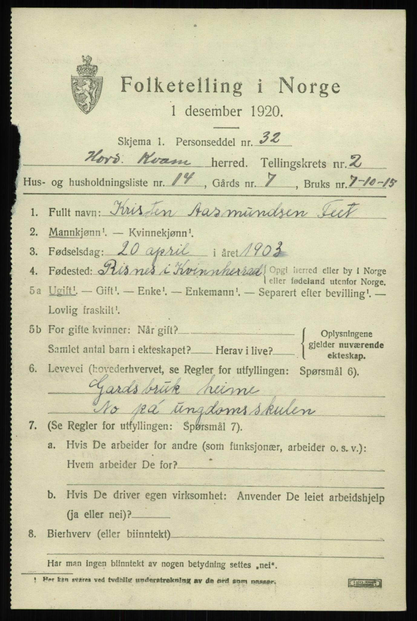 SAB, 1920 census for Kvam, 1920, p. 2033