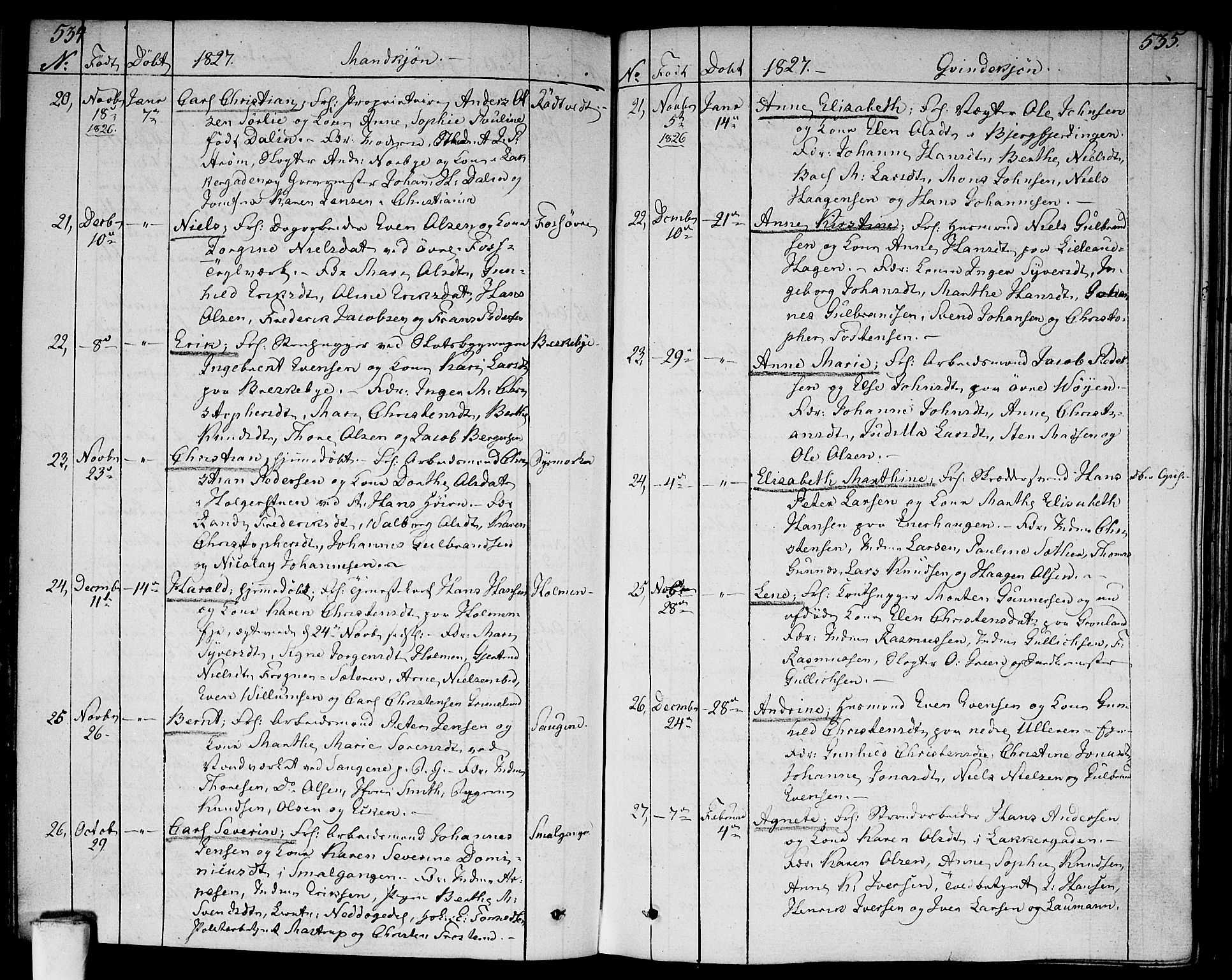 Aker prestekontor kirkebøker, AV/SAO-A-10861/F/L0012: Parish register (official) no. 12, 1819-1828, p. 534-535