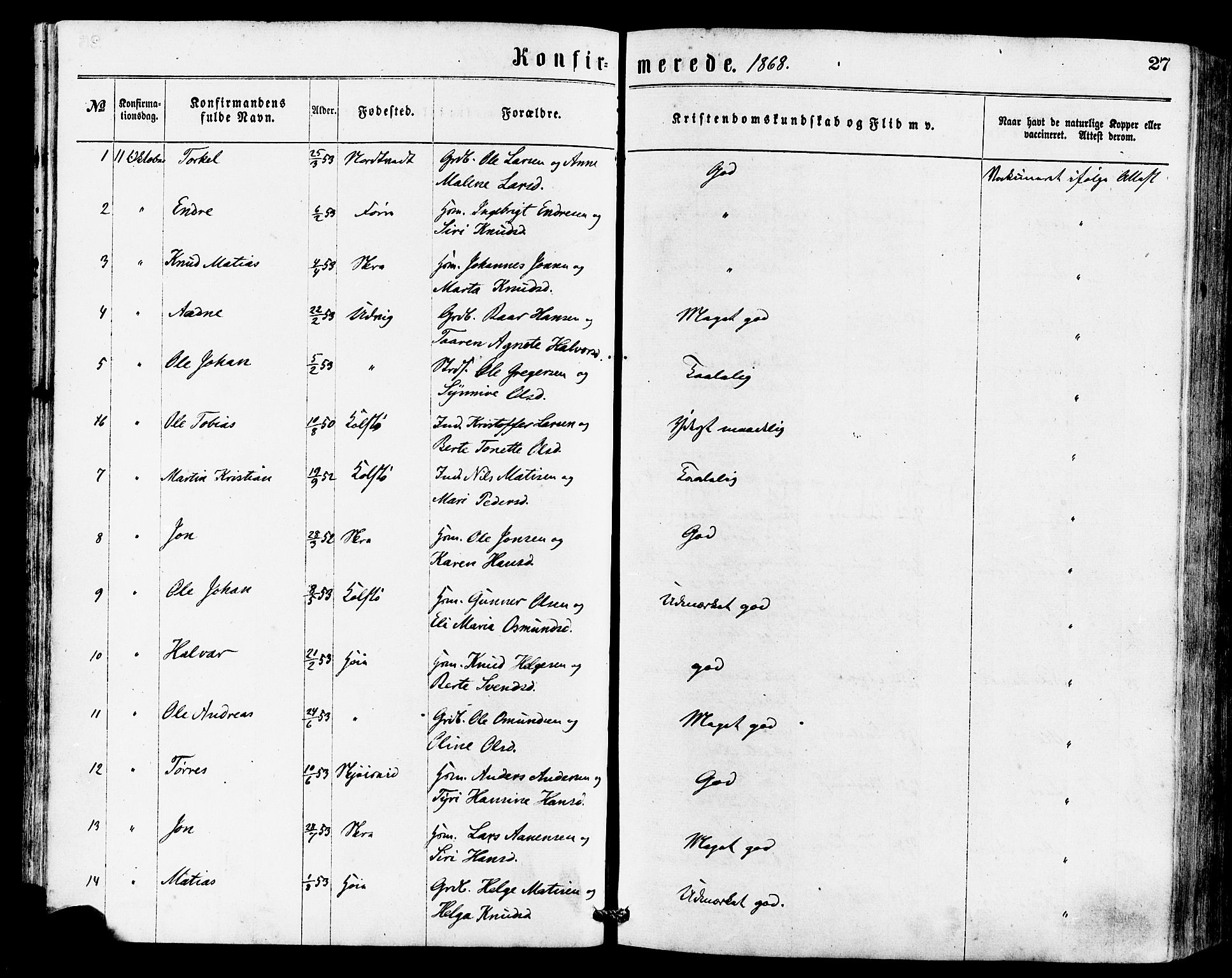 Avaldsnes sokneprestkontor, SAST/A -101851/H/Ha/Haa/L0012: Parish register (official) no. A 12, 1865-1880, p. 27