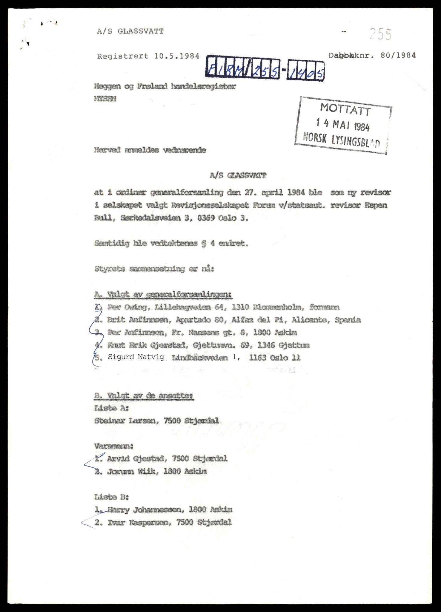 Heggen og Frøland tingrett, AV/SAT-A-10208/K/Kb/Kba/L0021: Enkeltmannsforetak, aksjeselskap og andelslag, 80-225/1984, 1984