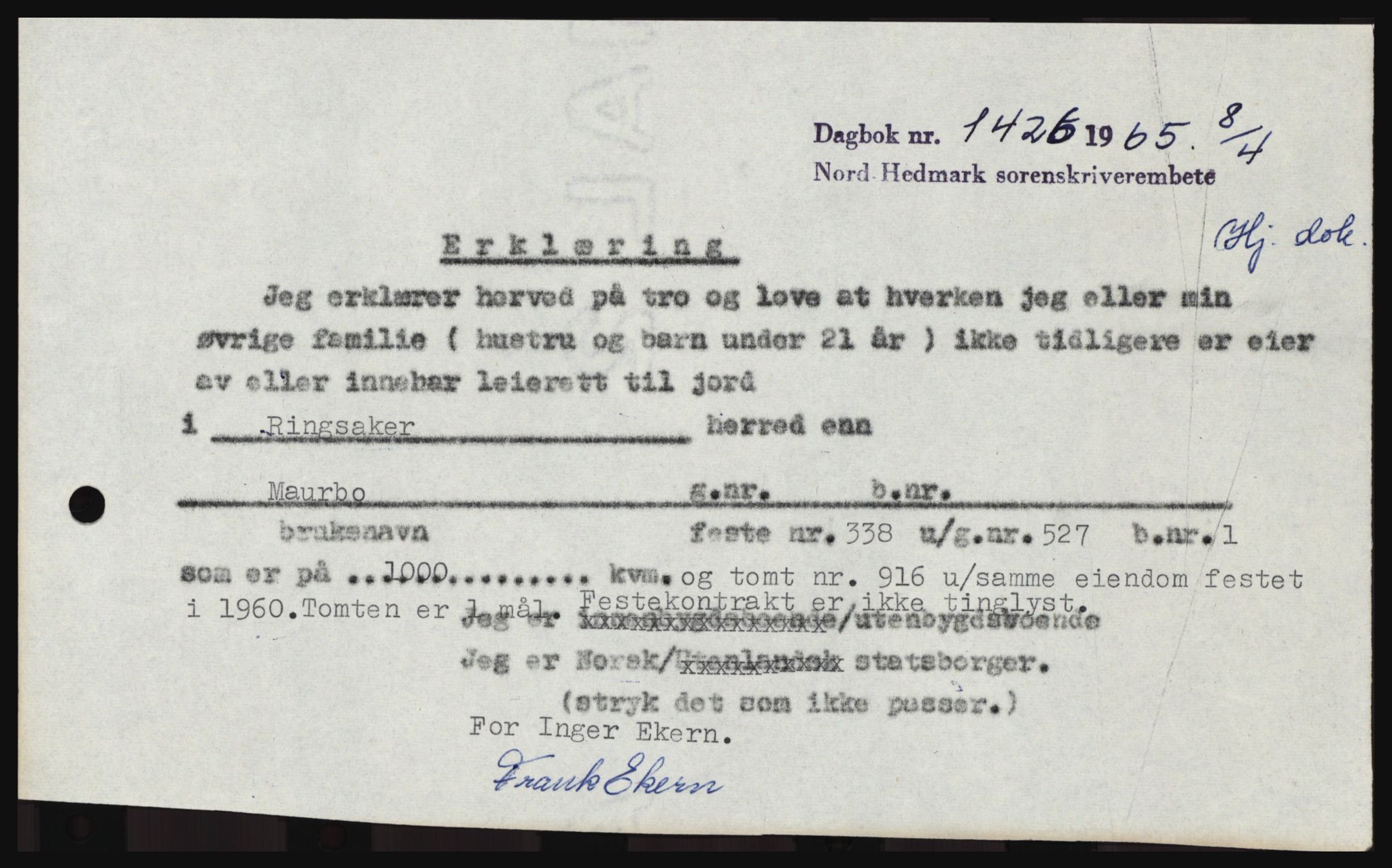 Nord-Hedmark sorenskriveri, SAH/TING-012/H/Hc/L0021: Mortgage book no. 21, 1964-1965, Diary no: : 1426/1965