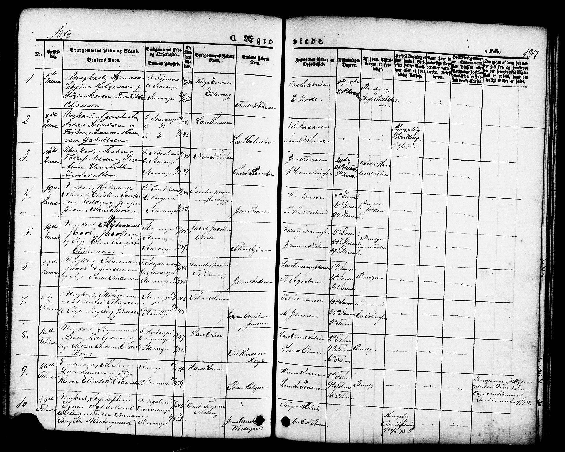 Domkirken sokneprestkontor, SAST/A-101812/001/30/30BB/L0011: Parish register (copy) no. B 11, 1858-1876, p. 137