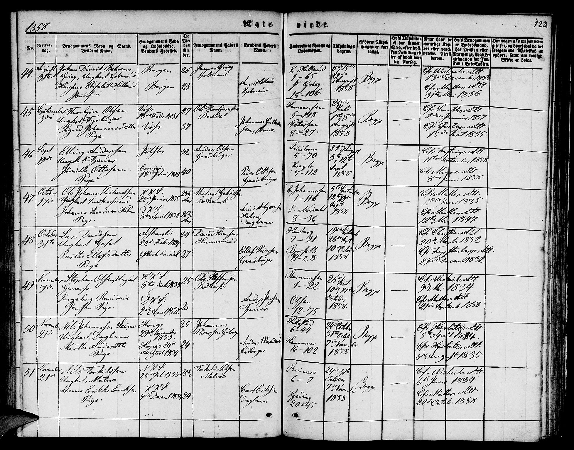 Nykirken Sokneprestembete, AV/SAB-A-77101/H/Hab: Parish register (copy) no. D 1, 1832-1867, p. 123