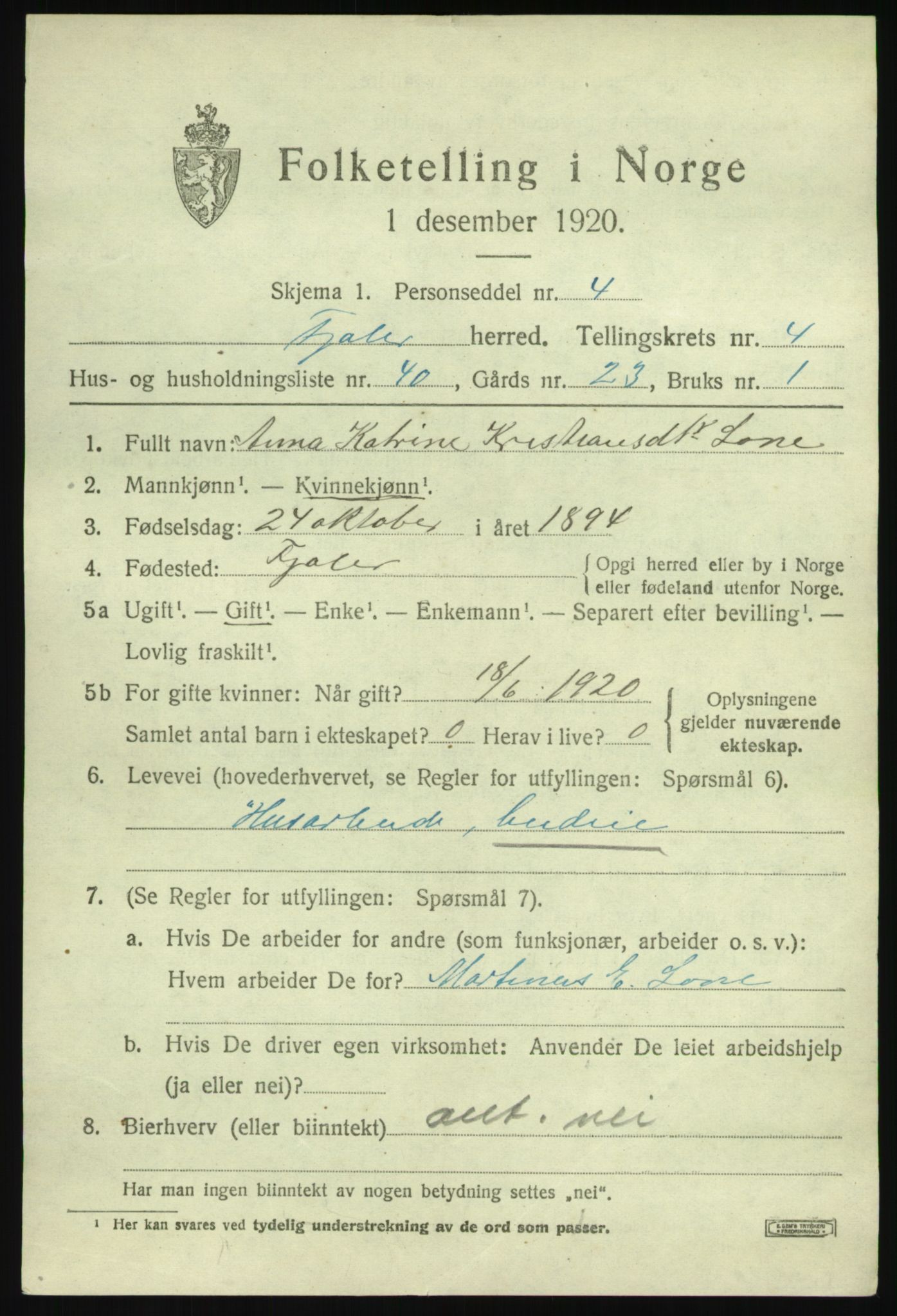 SAB, 1920 census for Fjaler, 1920, p. 3465