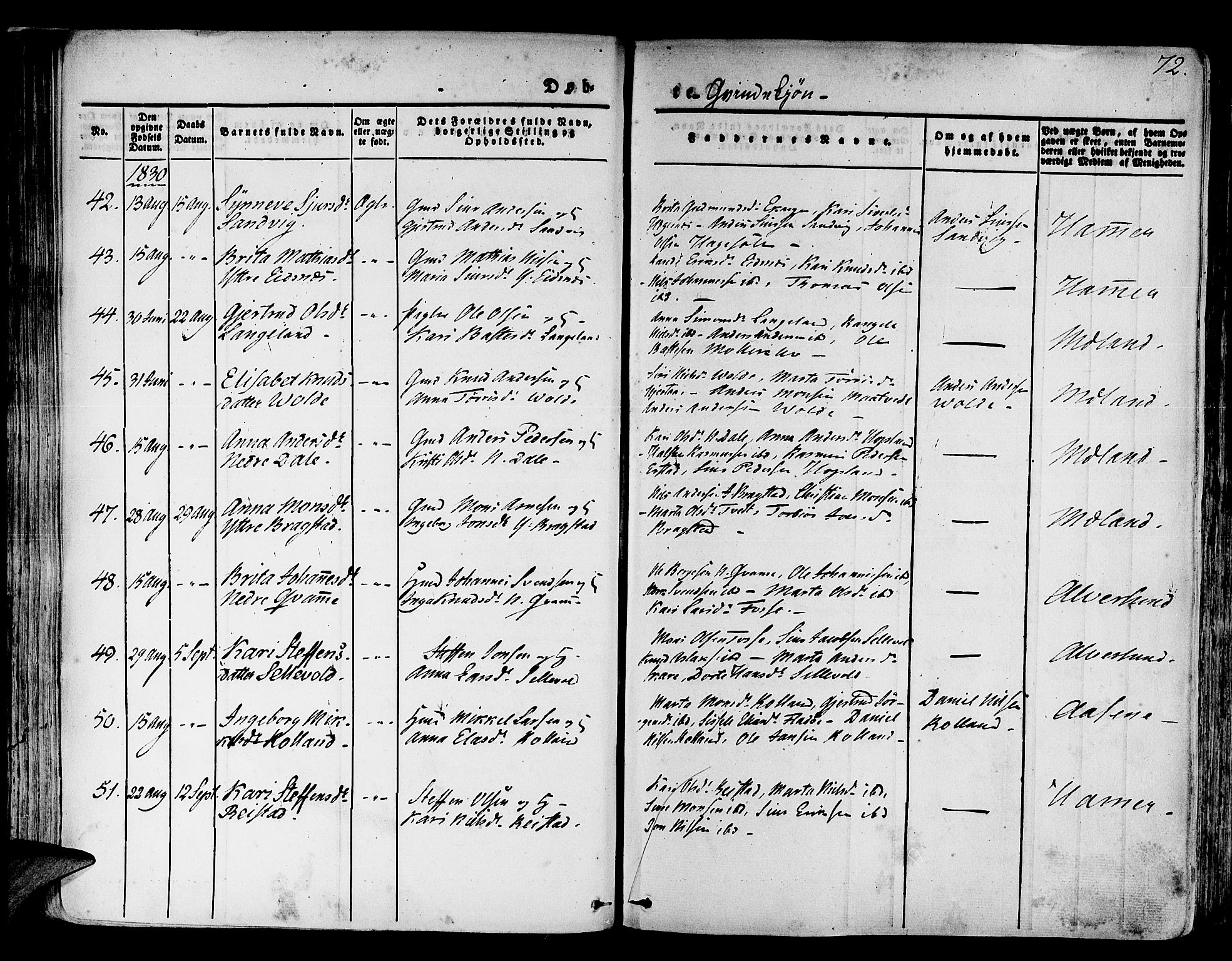 Hamre sokneprestembete, AV/SAB-A-75501/H/Ha/Haa/Haaa/L0011: Parish register (official) no. A 11, 1826-1834, p. 72