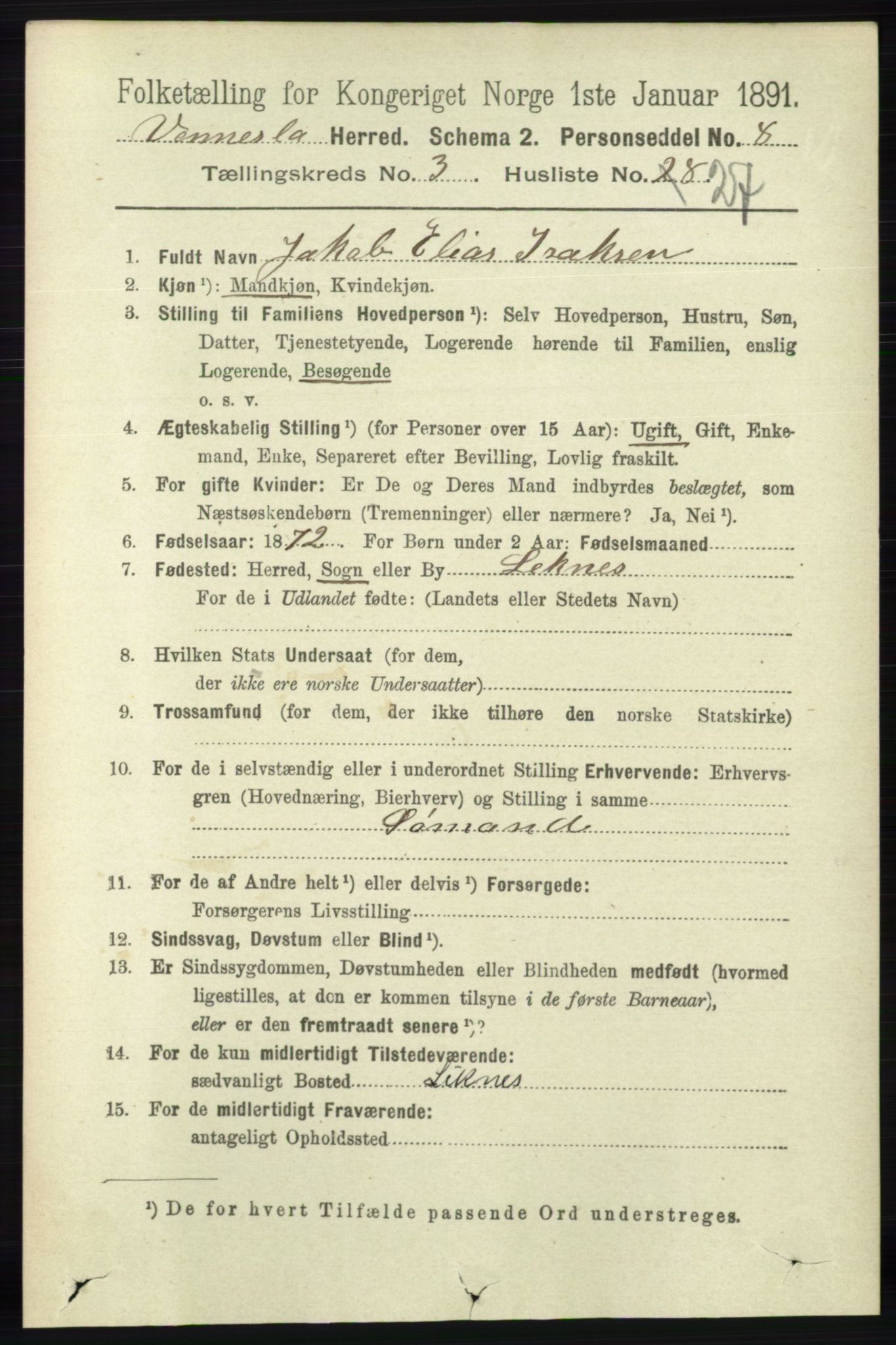 RA, 1891 census for 1014 Vennesla, 1891, p. 814