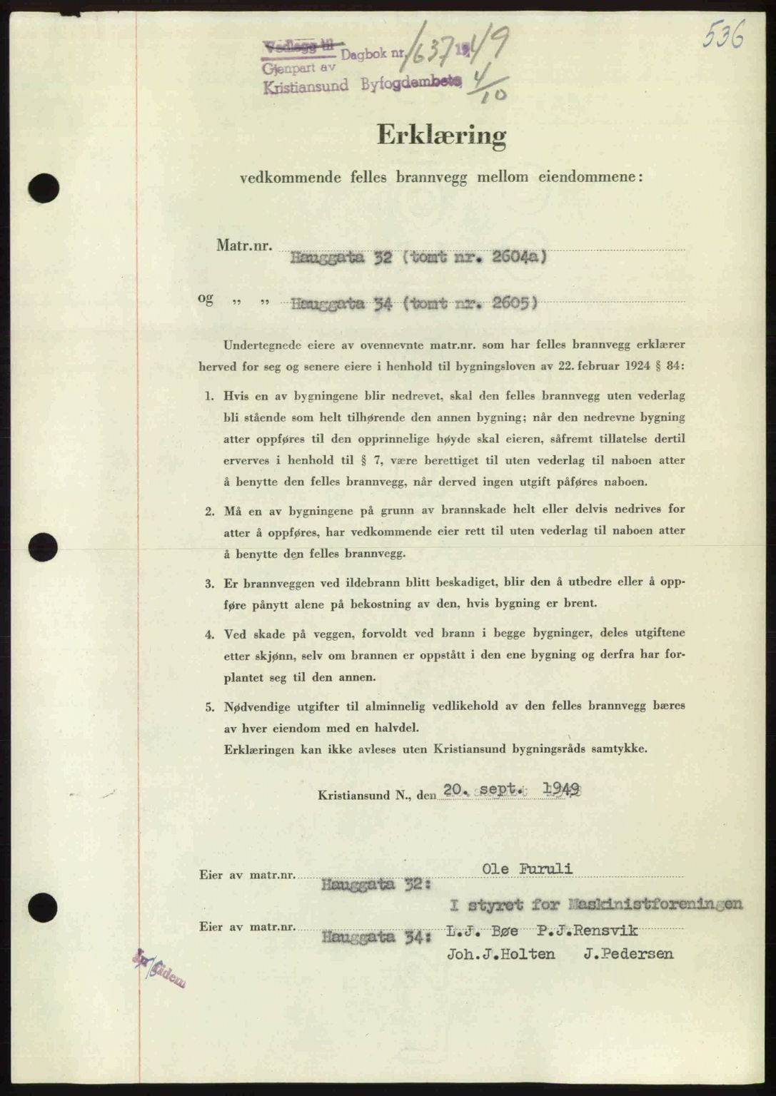 Kristiansund byfogd, AV/SAT-A-4587/A/27: Mortgage book no. 45, 1948-1949, Diary no: : 1637/1949