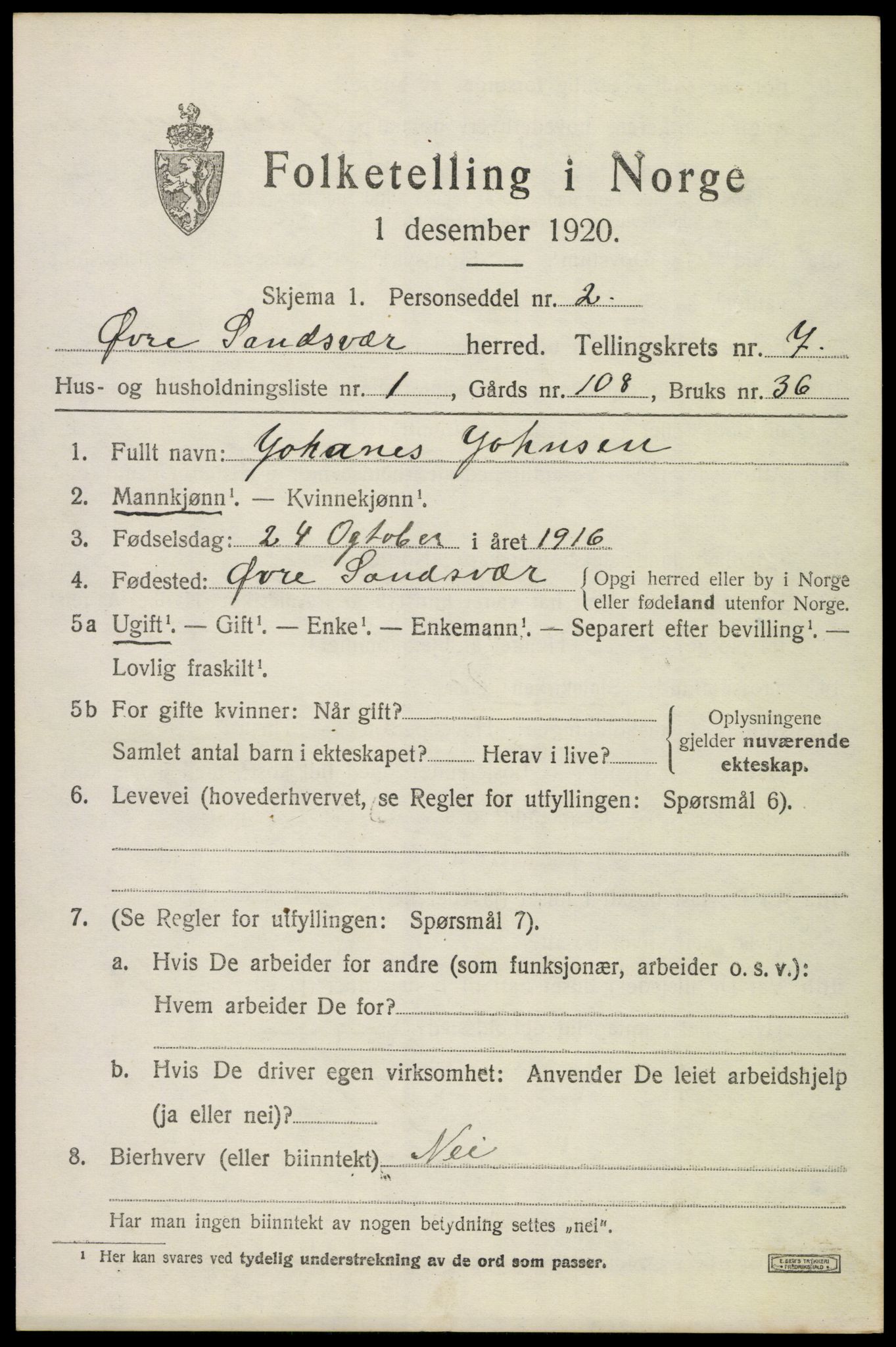SAKO, 1920 census for Øvre Sandsvær, 1920, p. 3746