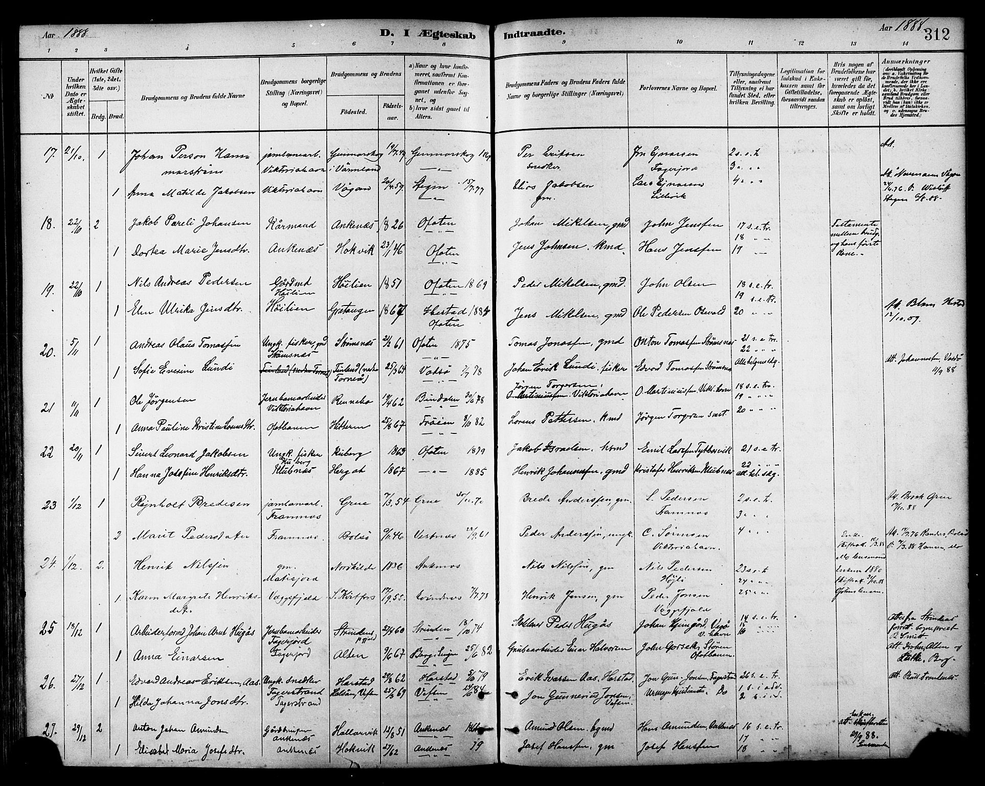 Ministerialprotokoller, klokkerbøker og fødselsregistre - Nordland, AV/SAT-A-1459/866/L0938: Parish register (official) no. 866A01, 1879-1893, p. 312