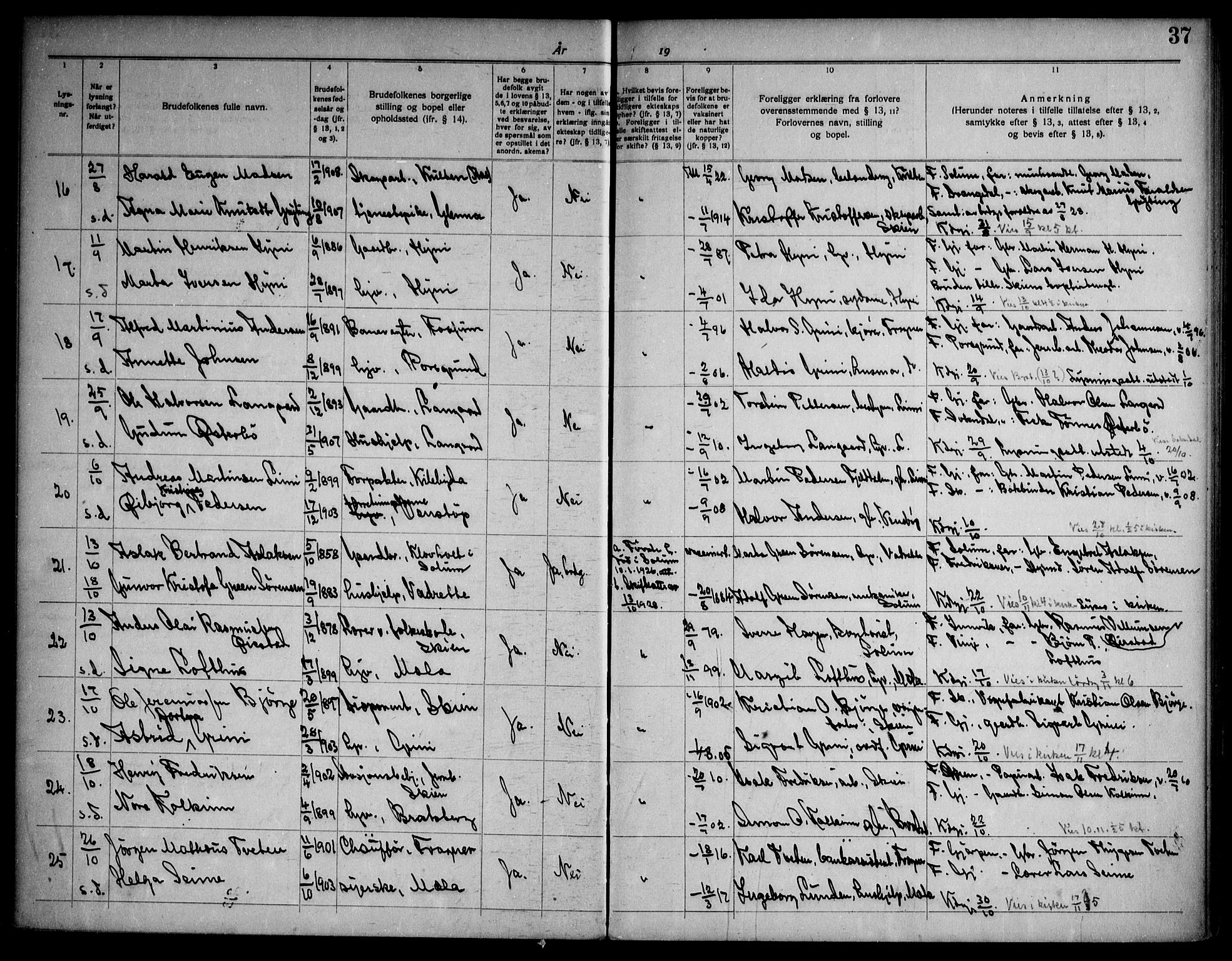 Gjerpen kirkebøker, SAKO/A-265/H/Ha/L0003: Banns register no. I 3, 1919-1946, p. 37