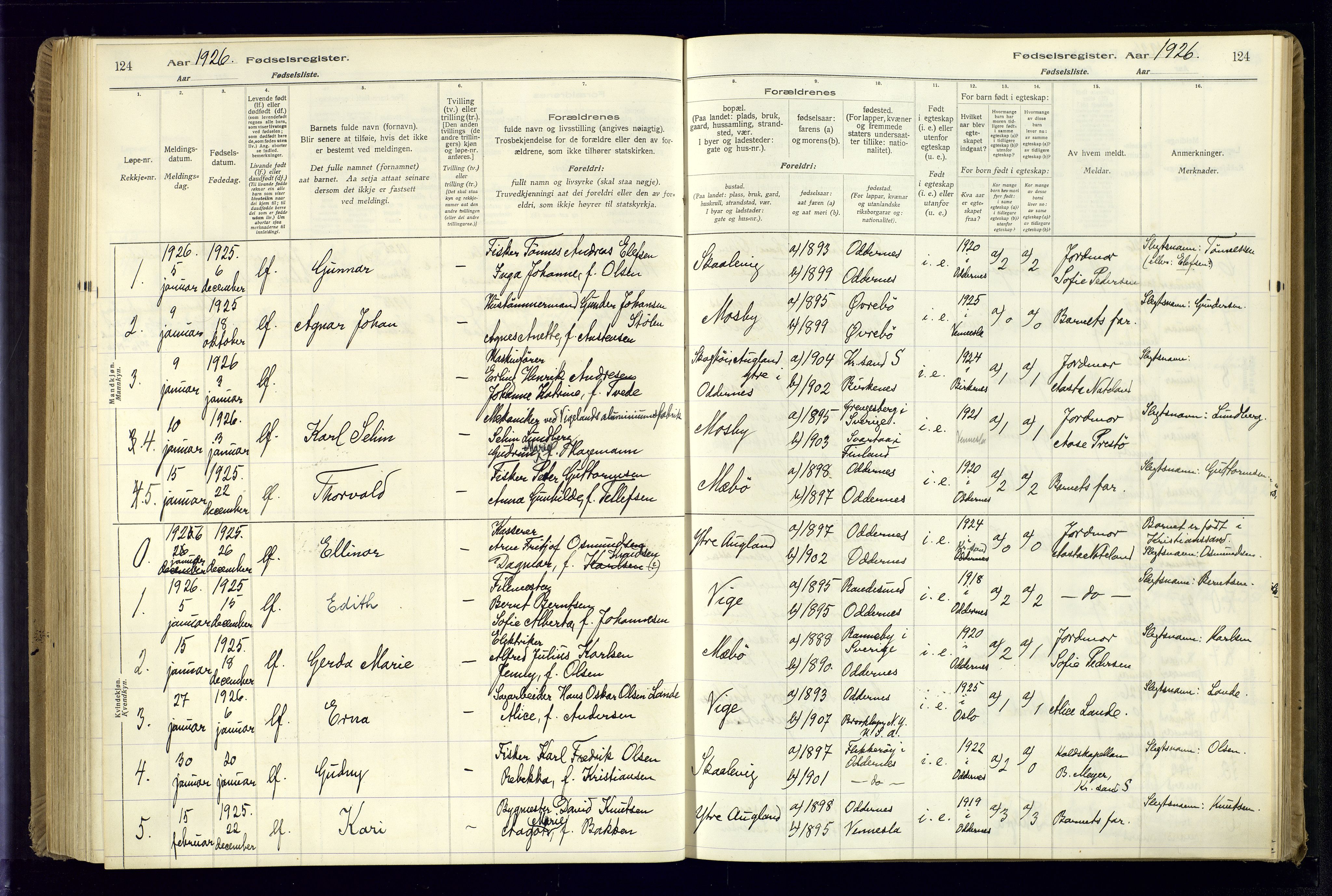 Oddernes sokneprestkontor, AV/SAK-1111-0033/J/Ja/L0001: Birth register no. 1, 1916-1935, p. 124