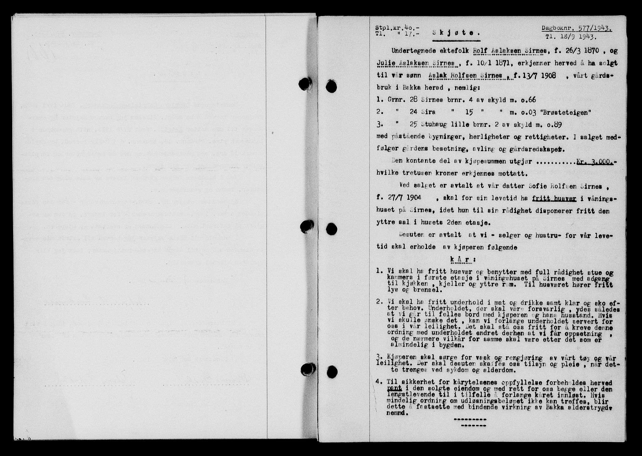 Flekkefjord sorenskriveri, SAK/1221-0001/G/Gb/Gba/L0058: Mortgage book no. A-6, 1942-1944, Diary no: : 577/1943