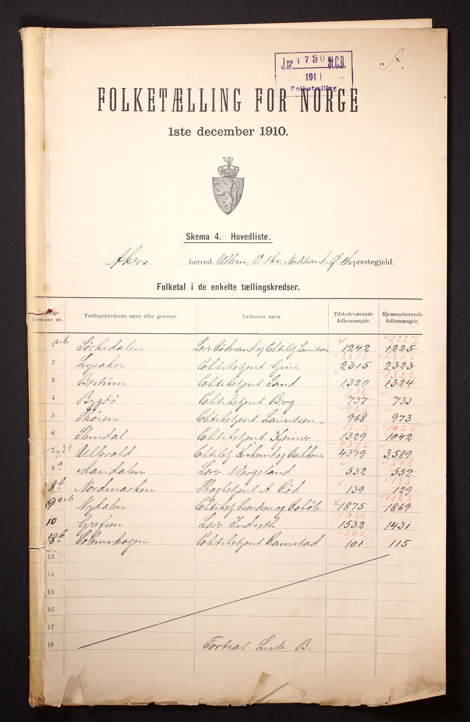 RA, 1910 census for Aker, 1910, p. 4