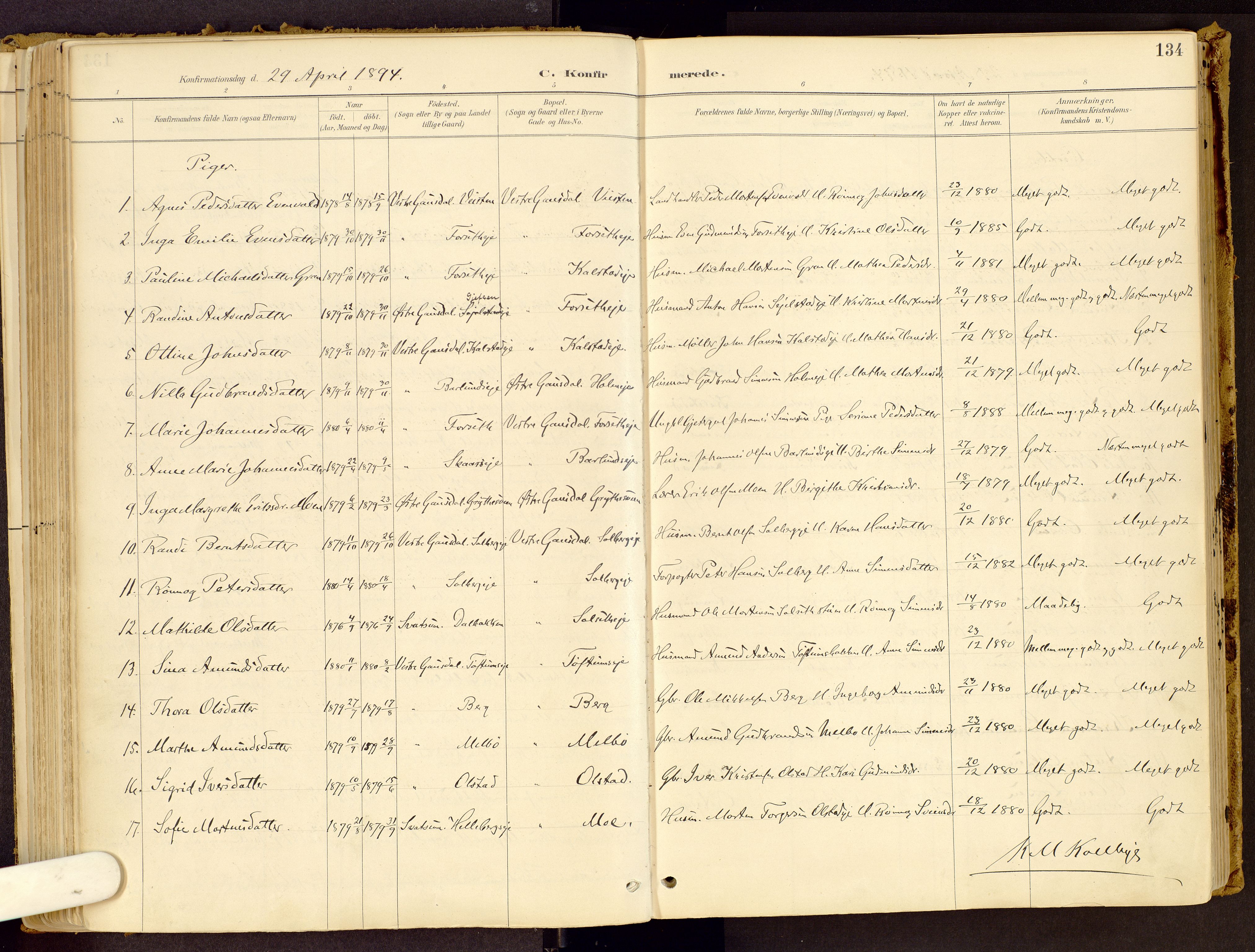 Vestre Gausdal prestekontor, SAH/PREST-094/H/Ha/Haa/L0001: Parish register (official) no. 1, 1887-1914, p. 134