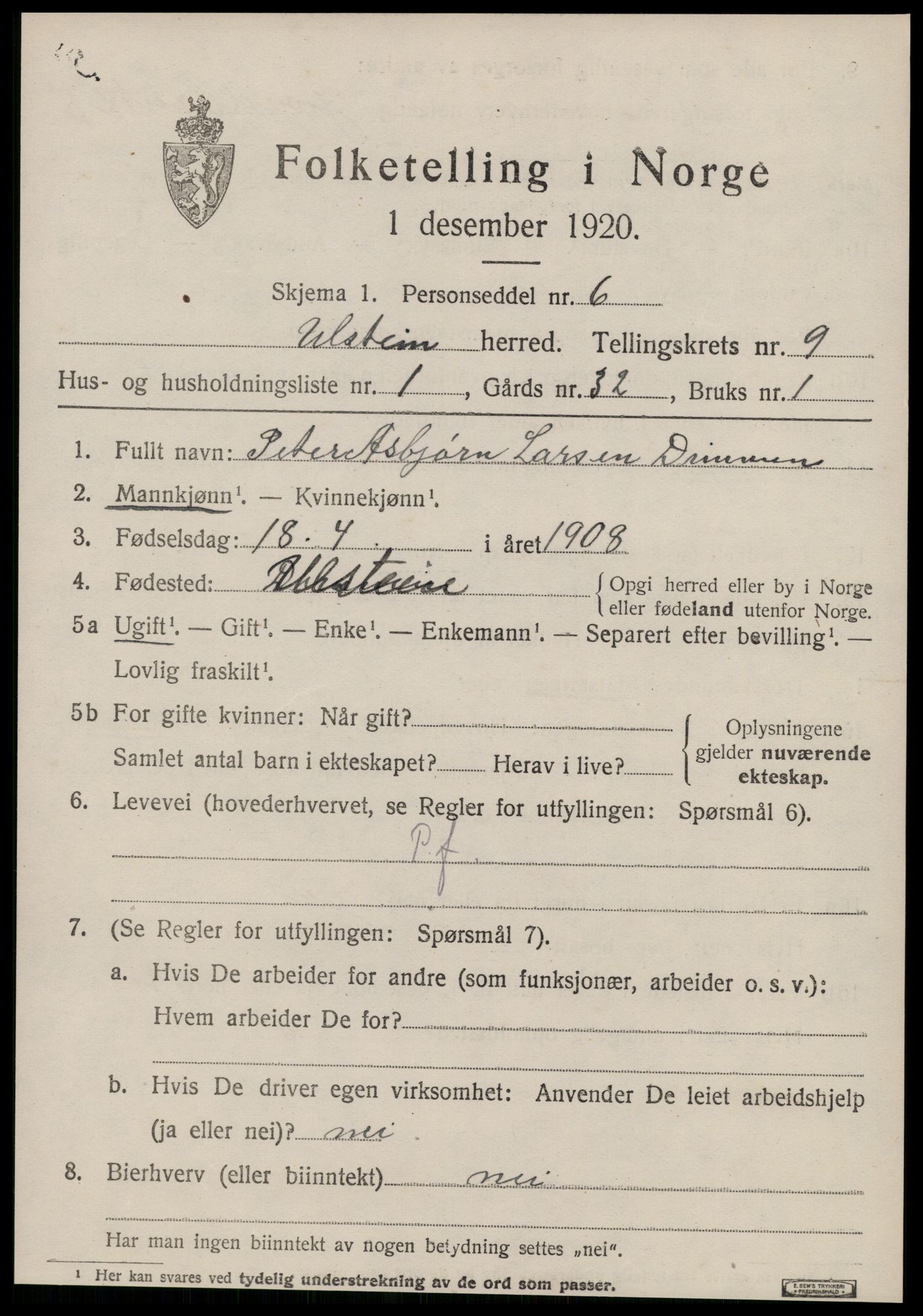 SAT, 1920 census for Ulstein, 1920, p. 4996