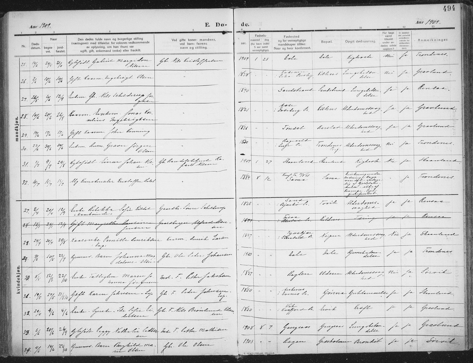 Trondenes sokneprestkontor, AV/SATØ-S-1319/H/Ha/L0018kirke: Parish register (official) no. 18, 1909-1918, p. 494