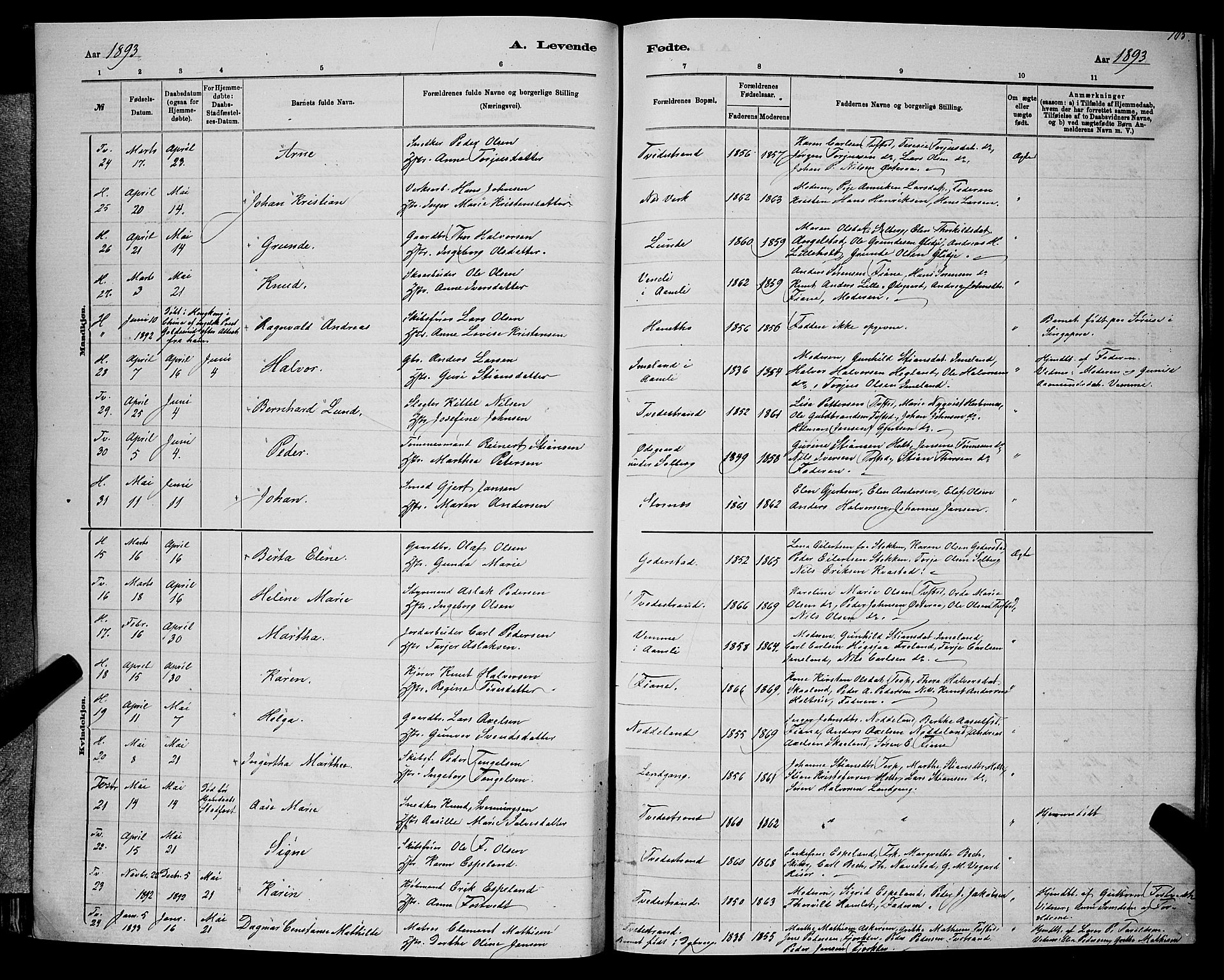 Holt sokneprestkontor, AV/SAK-1111-0021/F/Fb/L0010: Parish register (copy) no. B 10, 1883-1896, p. 105