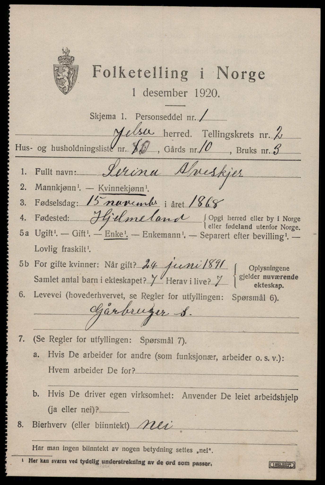 SAST, 1920 census for Jelsa, 1920, p. 940