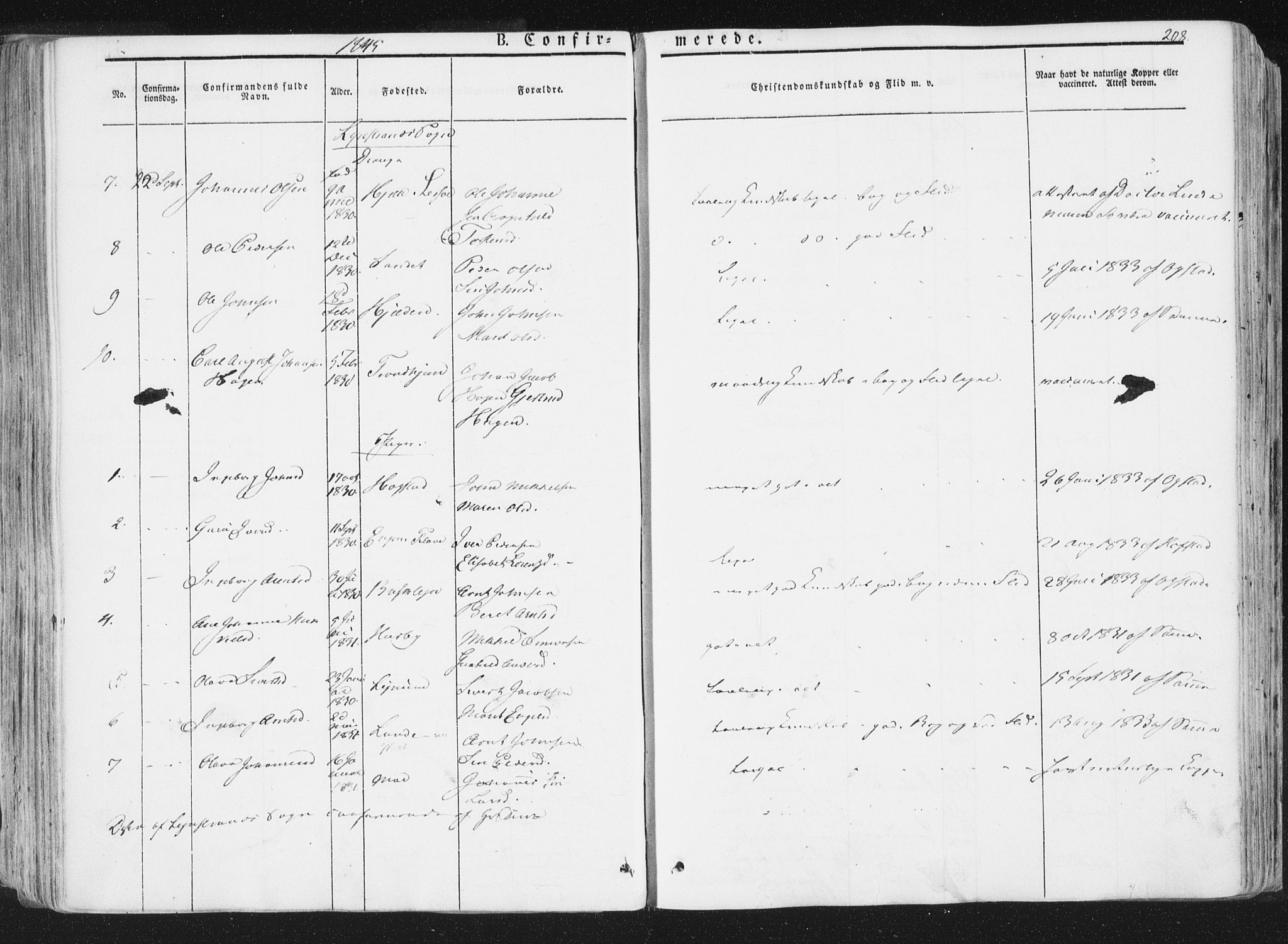 Ministerialprotokoller, klokkerbøker og fødselsregistre - Sør-Trøndelag, SAT/A-1456/691/L1074: Parish register (official) no. 691A06, 1842-1852, p. 208