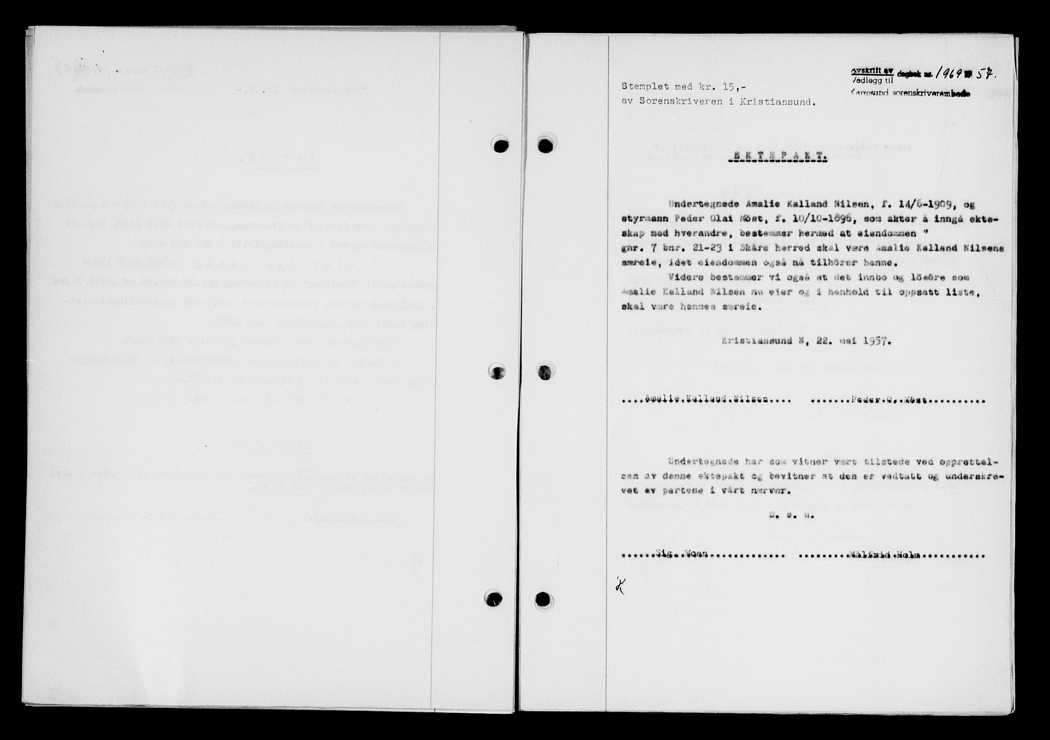 Karmsund sorenskriveri, AV/SAST-A-100311/01/II/IIB/L0125: Mortgage book no. 105A, 1957-1957, Diary no: : 1969/1957