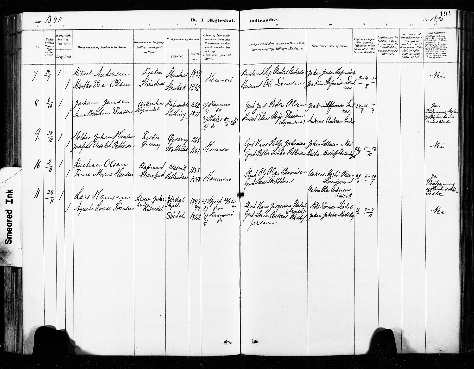 Ministerialprotokoller, klokkerbøker og fødselsregistre - Nordland, SAT/A-1459/859/L0847: Parish register (official) no. 859A07, 1890-1899, p. 194
