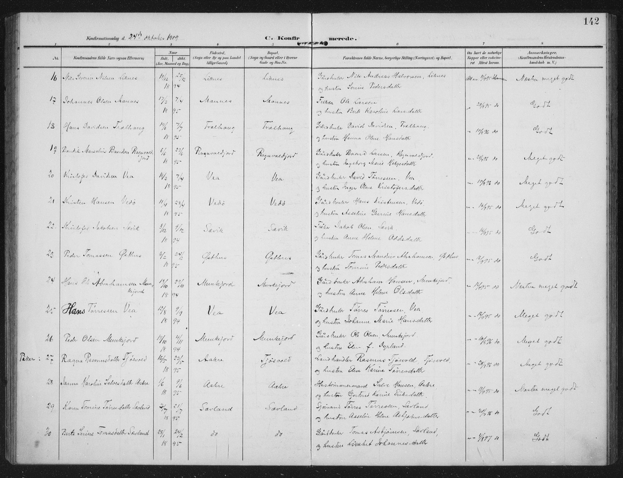 Kopervik sokneprestkontor, AV/SAST-A-101850/H/Ha/Haa/L0005: Parish register (official) no. A 5, 1906-1924, p. 142