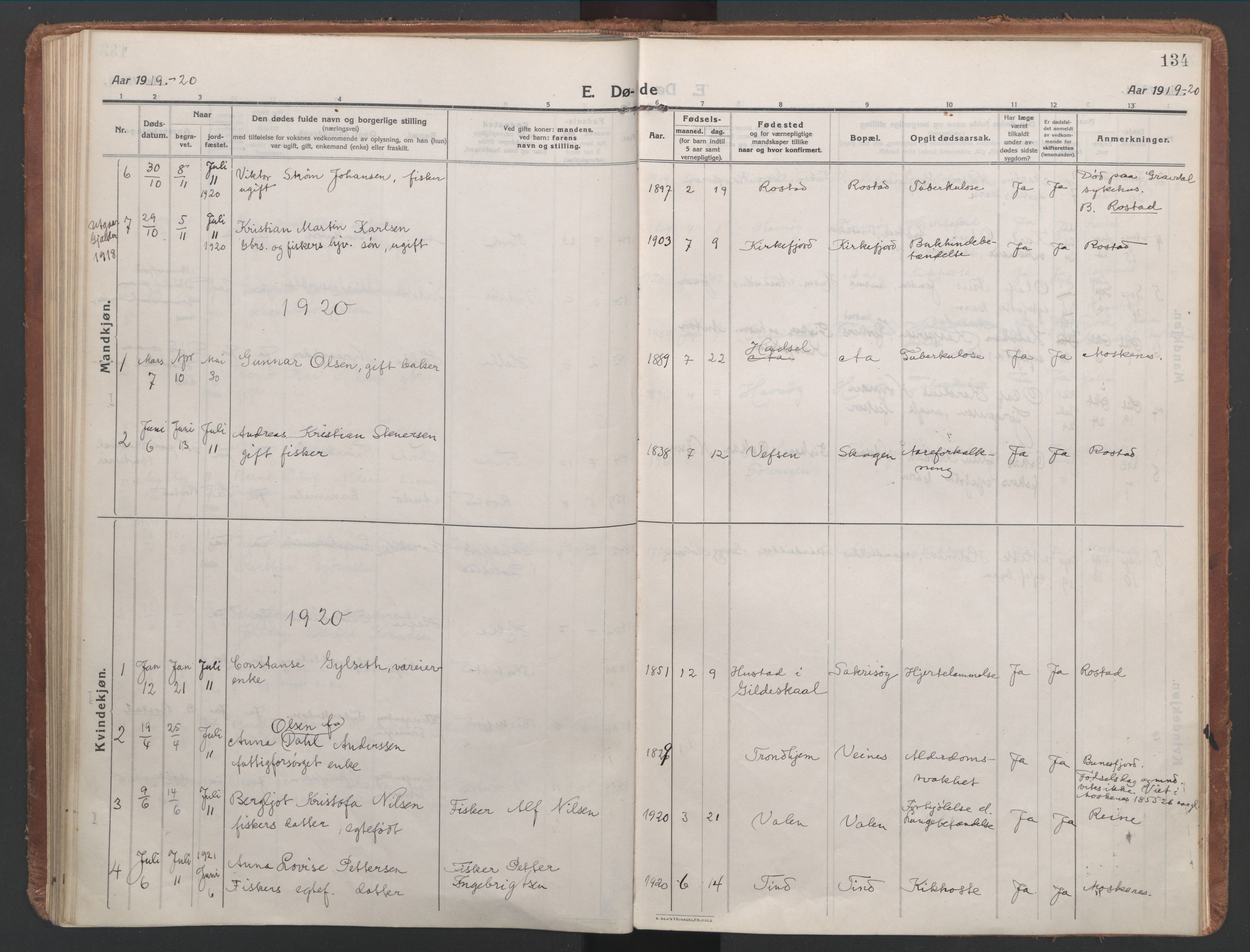 Ministerialprotokoller, klokkerbøker og fødselsregistre - Nordland, SAT/A-1459/886/L1222: Parish register (official) no. 886A04, 1914-1926, p. 134