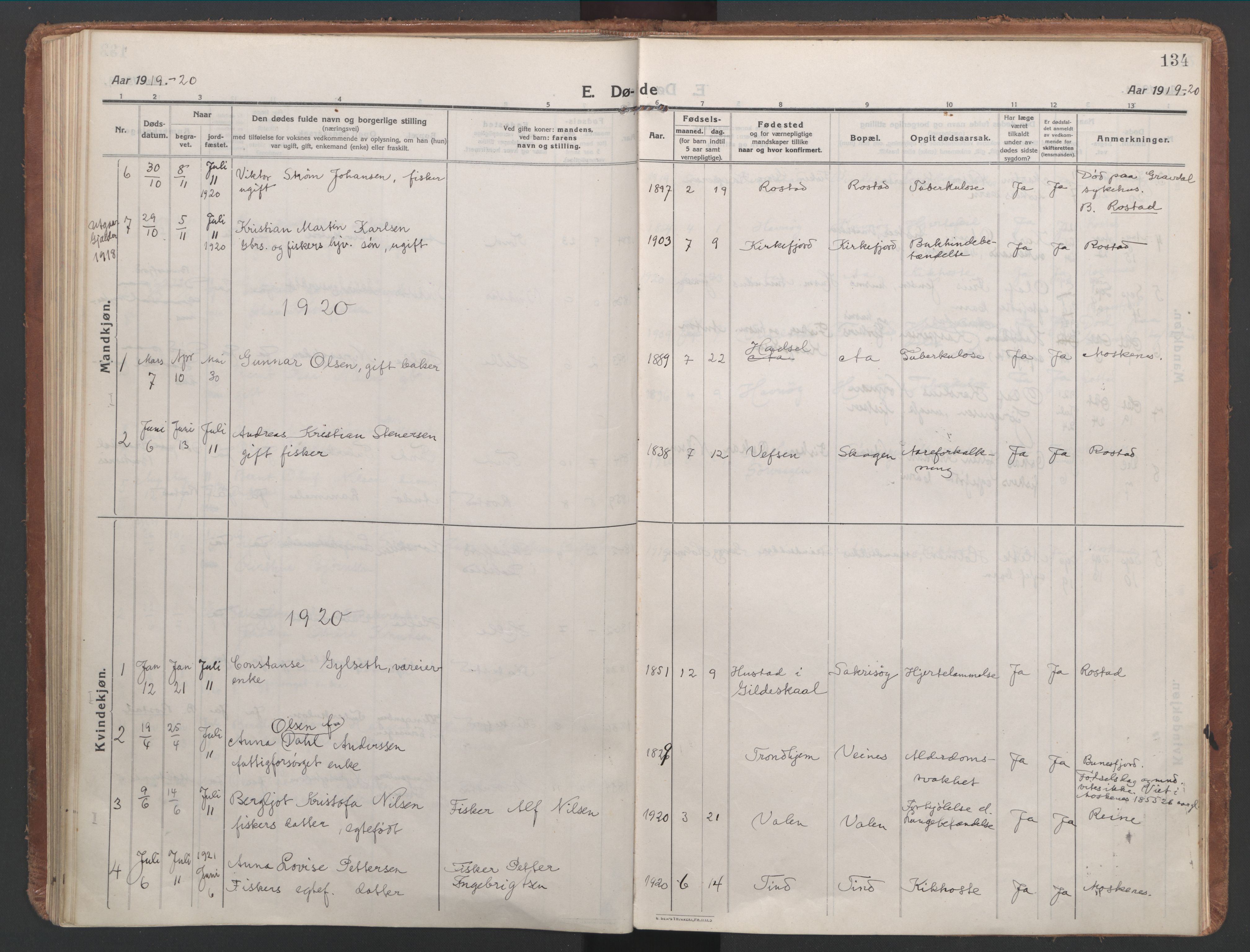 Ministerialprotokoller, klokkerbøker og fødselsregistre - Nordland, AV/SAT-A-1459/886/L1222: Parish register (official) no. 886A04, 1914-1926, p. 134