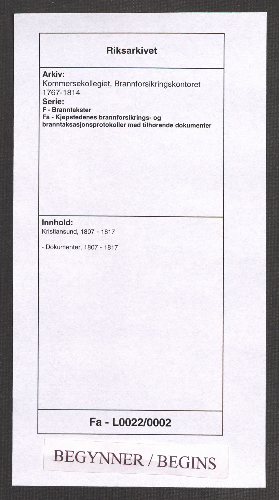 Kommersekollegiet, Brannforsikringskontoret 1767-1814, RA/EA-5458/F/Fa/L0022/0002: Kristiansund / Dokumenter, 1807-1817