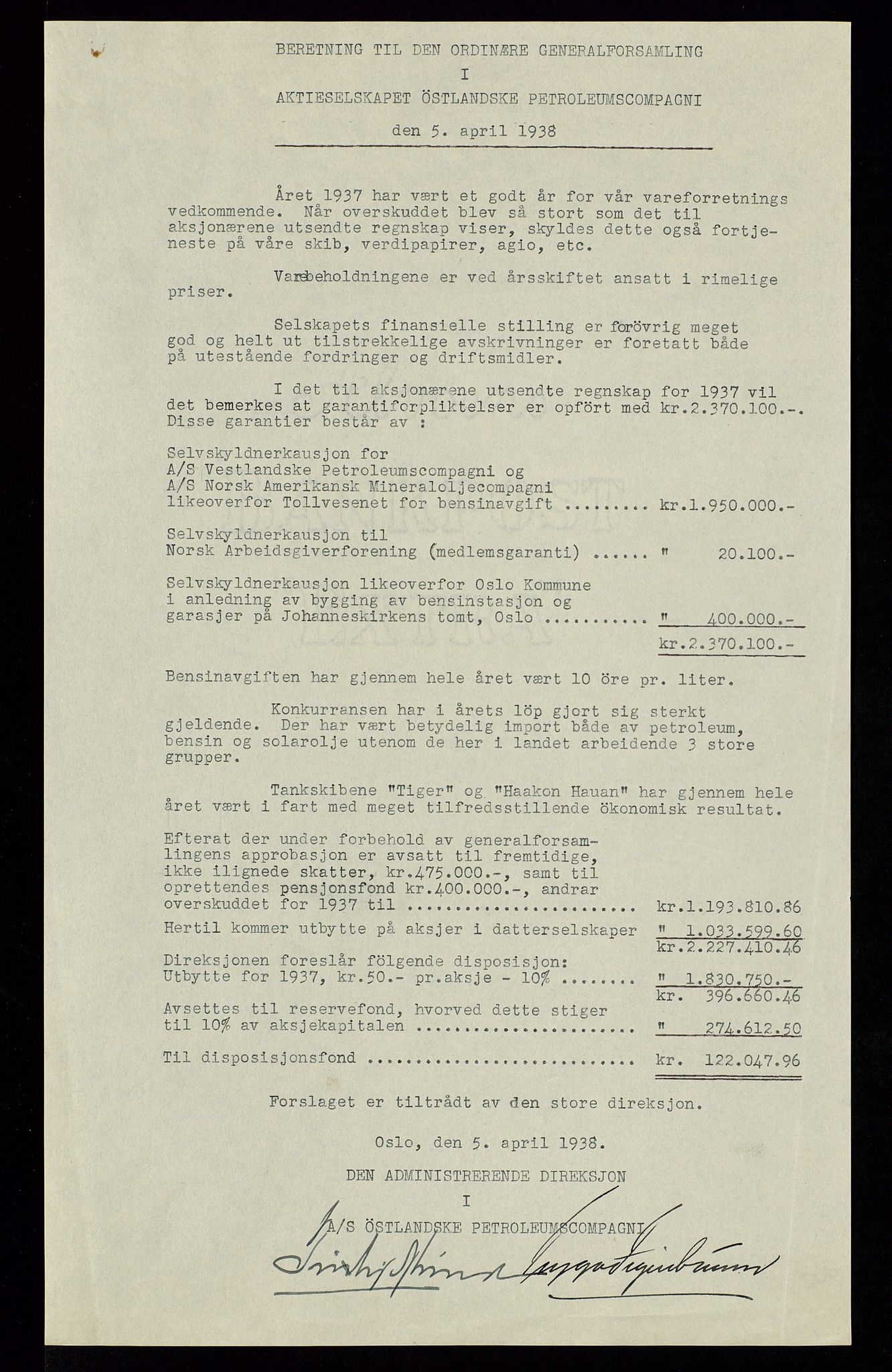 PA 1534 - Østlandske Petroleumscompagni A/S, AV/SAST-A-101954/A/Aa/L0002/0008: Generalforsamlinger. / Generalforsamling, 1938, p. 3