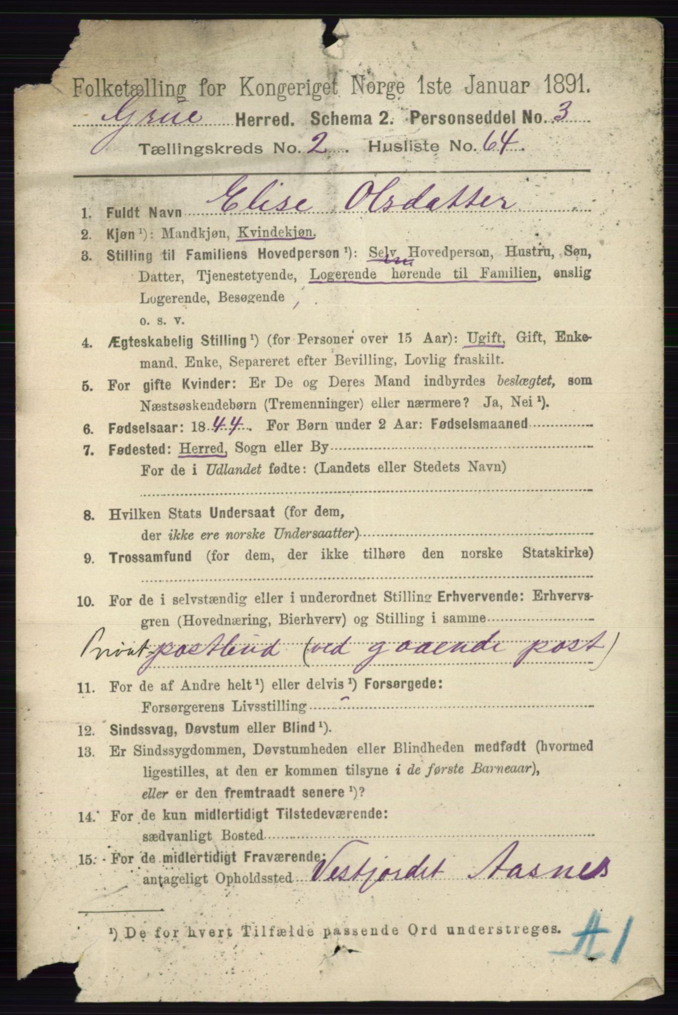 RA, 1891 census for 0423 Grue, 1891, p. 1449