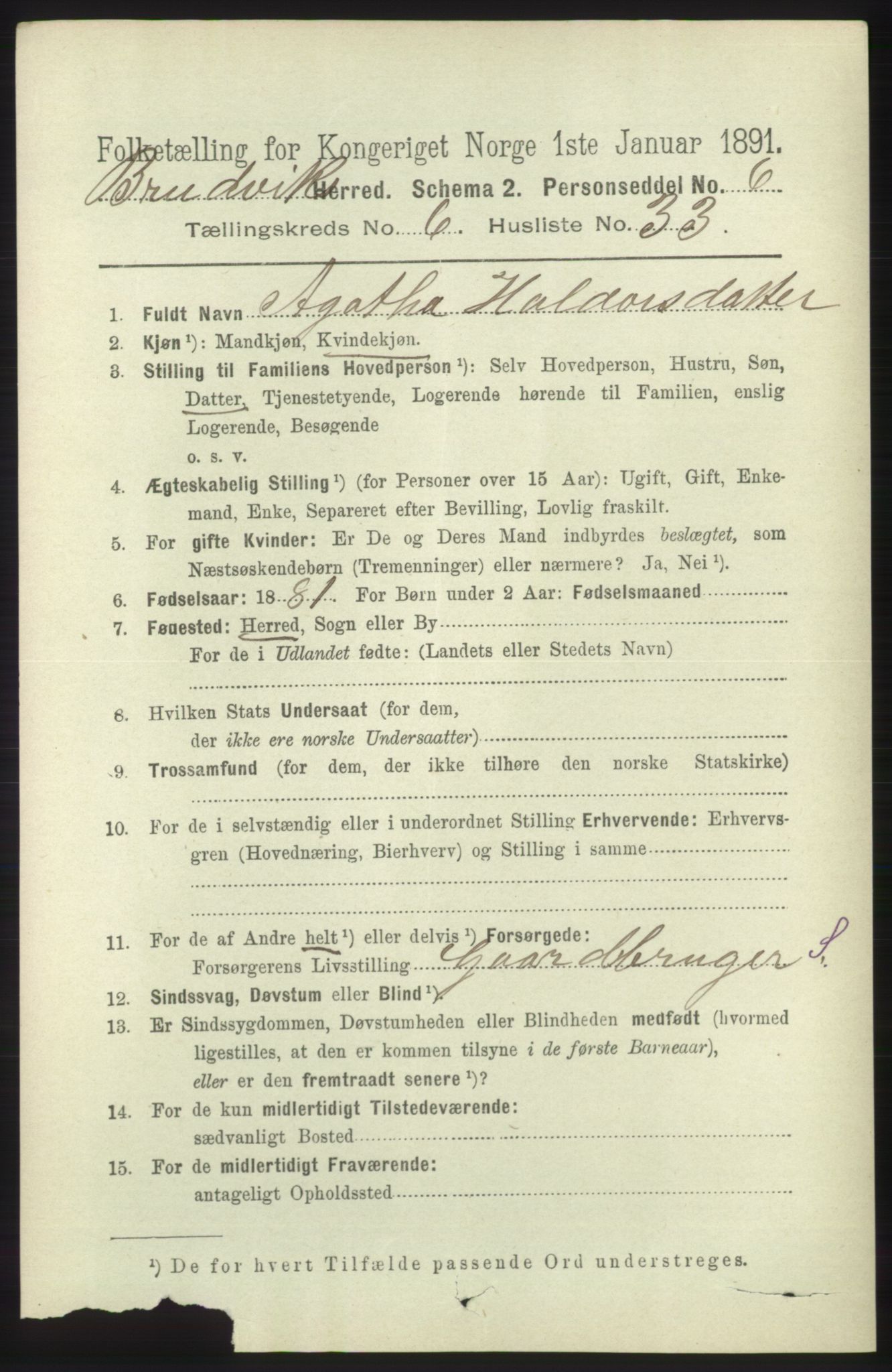 RA, 1891 census for 1251 Bruvik, 1891, p. 2006