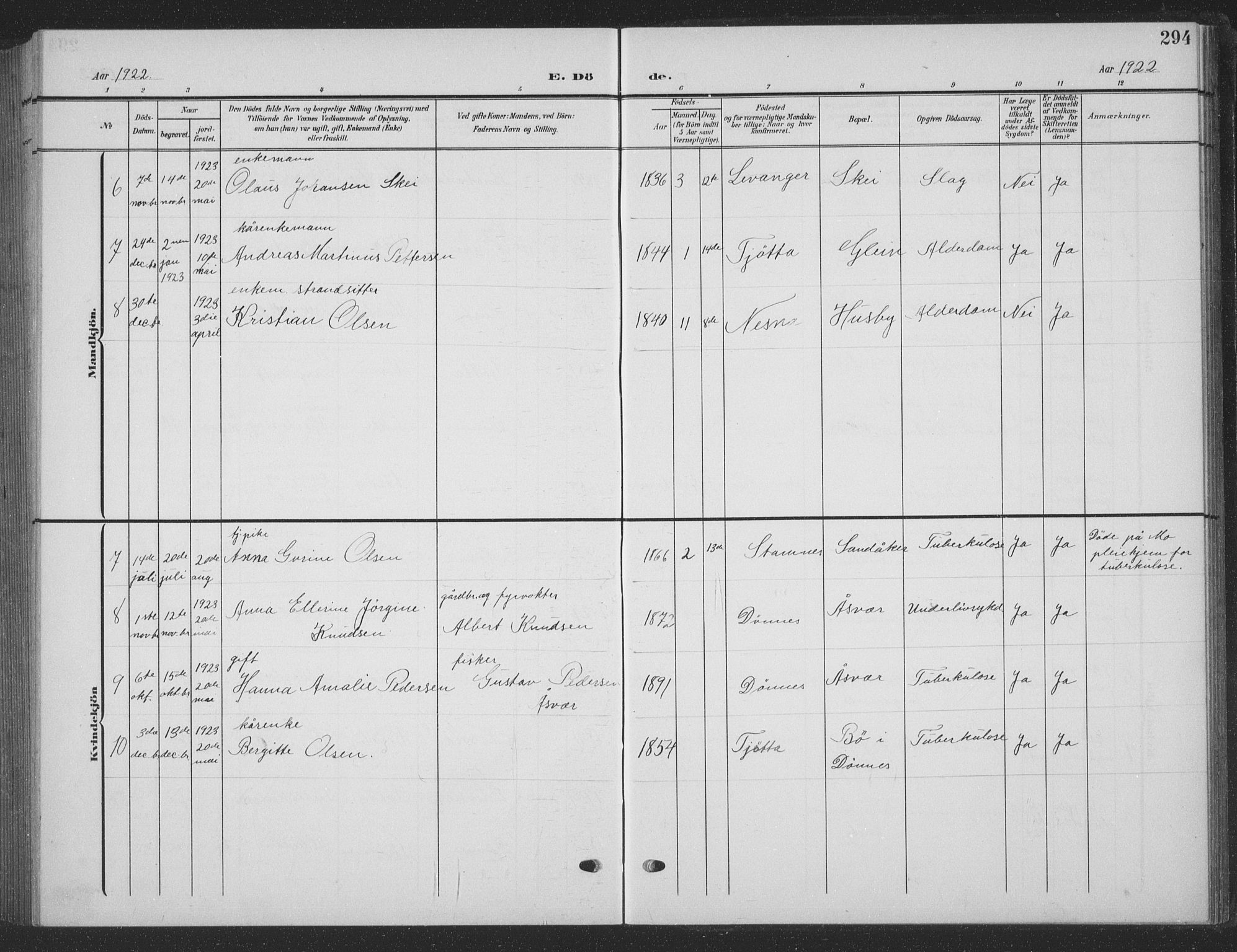 Ministerialprotokoller, klokkerbøker og fødselsregistre - Nordland, SAT/A-1459/835/L0533: Parish register (copy) no. 835C05, 1906-1939, p. 294