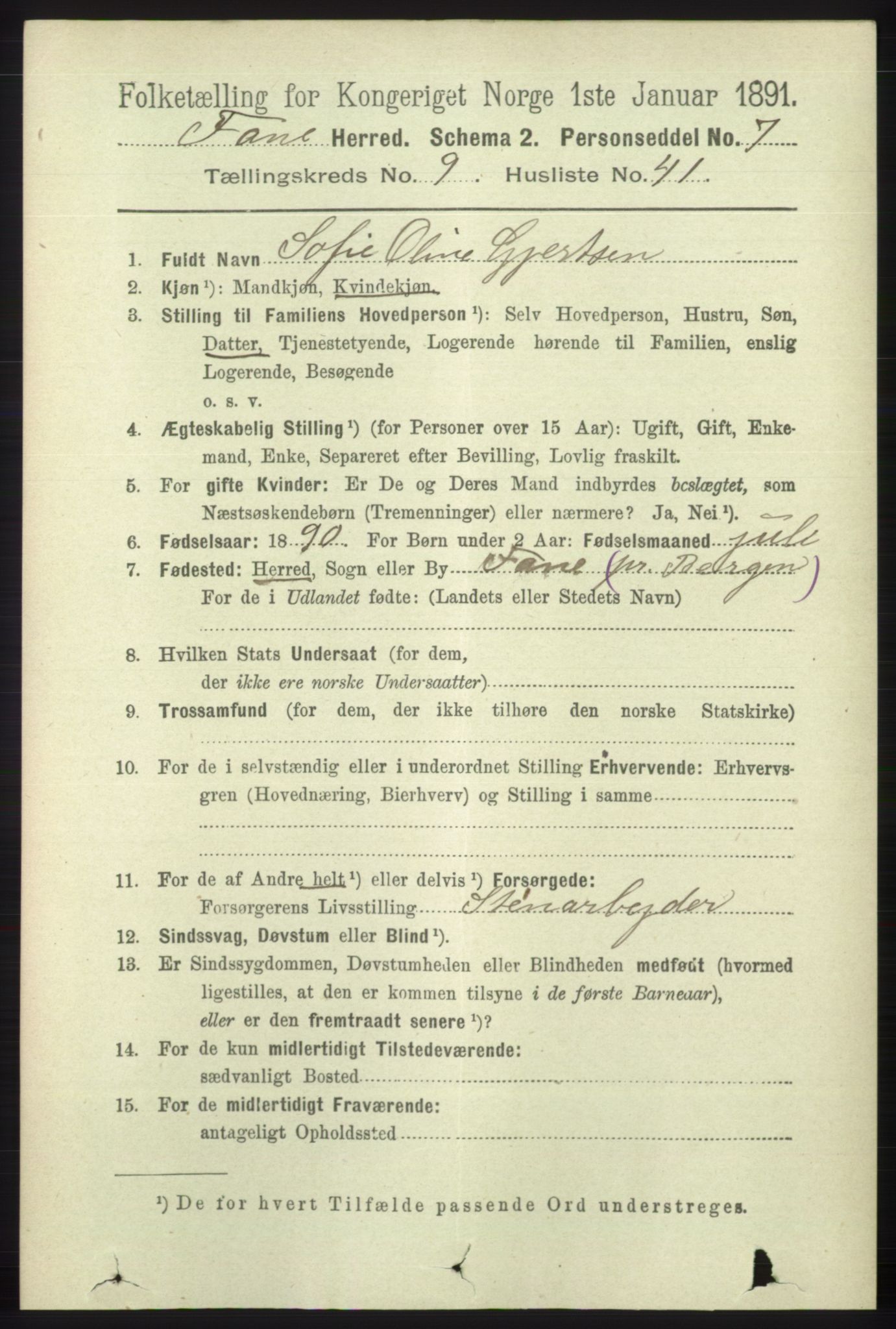 RA, 1891 census for 1249 Fana, 1891, p. 5109