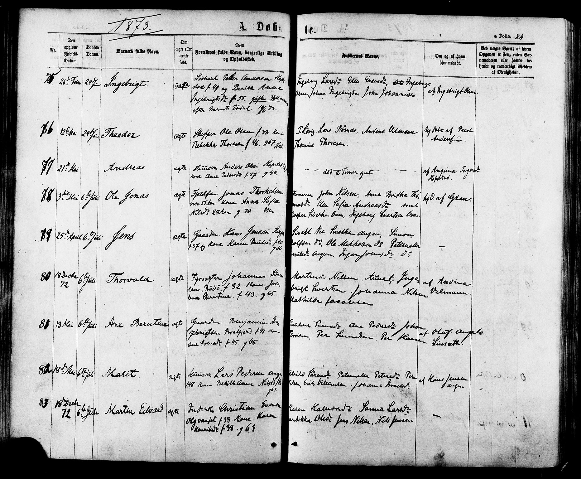 Ministerialprotokoller, klokkerbøker og fødselsregistre - Sør-Trøndelag, SAT/A-1456/657/L0706: Parish register (official) no. 657A07, 1867-1878, p. 84