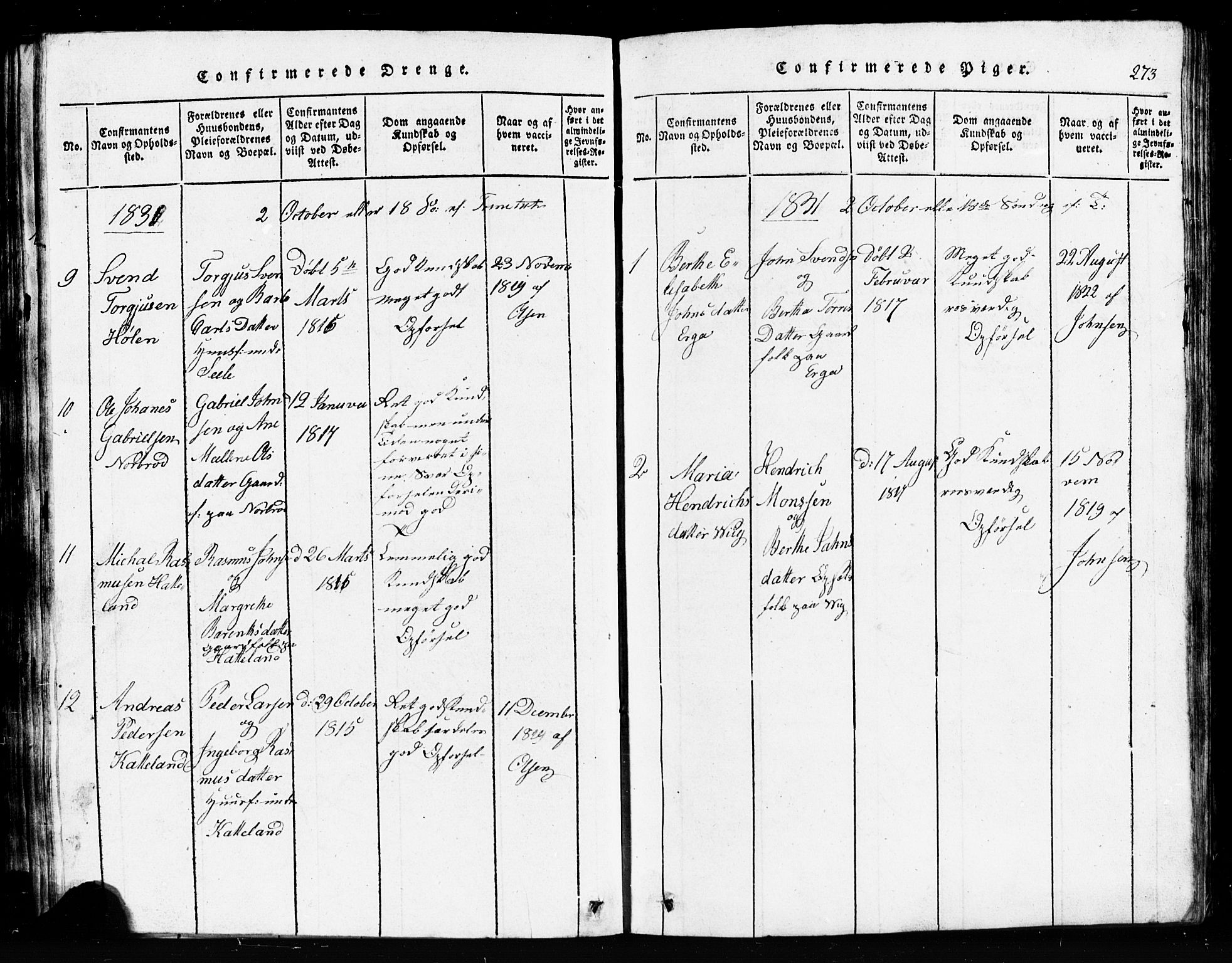 Klepp sokneprestkontor, AV/SAST-A-101803/001/3/30BB/L0001: Parish register (copy) no.  B 1, 1816-1859, p. 273