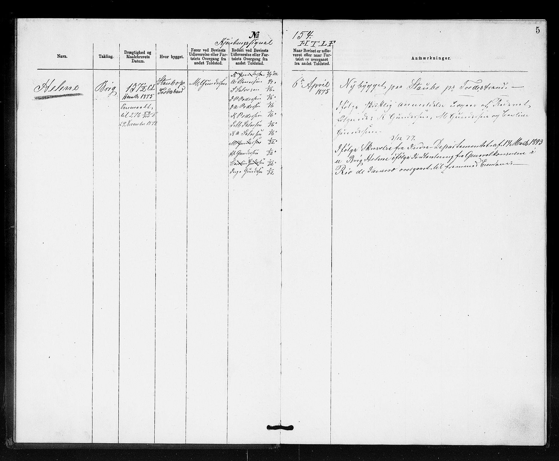 Tvedestrand tollsted, AV/SAK-1351-0011/H/Ha/L0080: Utstedte nasjonalitetsbevis, 1874-1911, p. 5